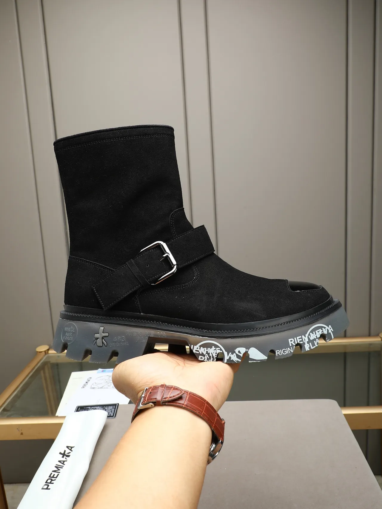 Premiata Rien Ne Va Plus Black Suede Buckle Strap Ankle Boot