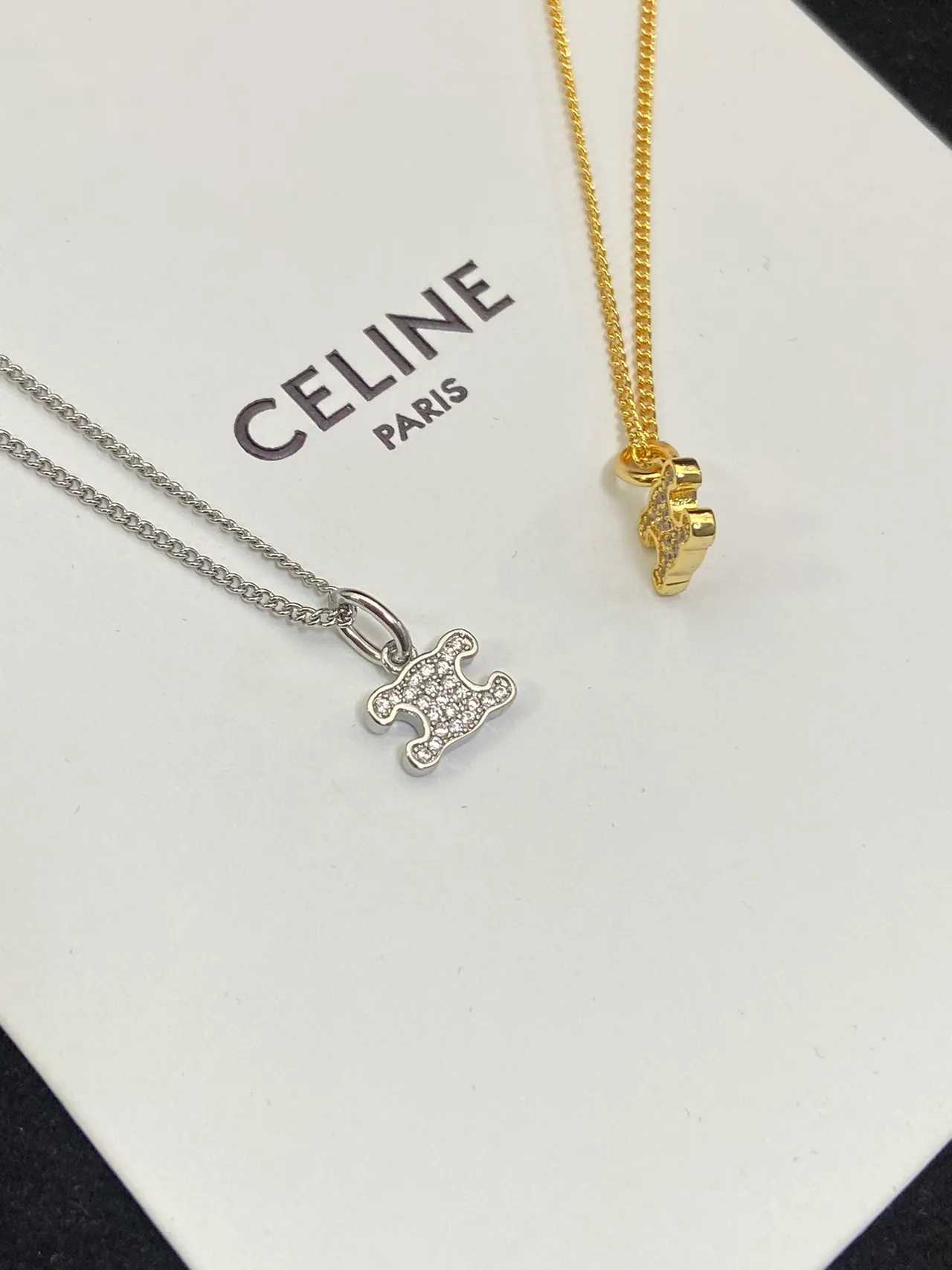 Celine Triomphe Gold Silver Logo Pendant Chain Necklace