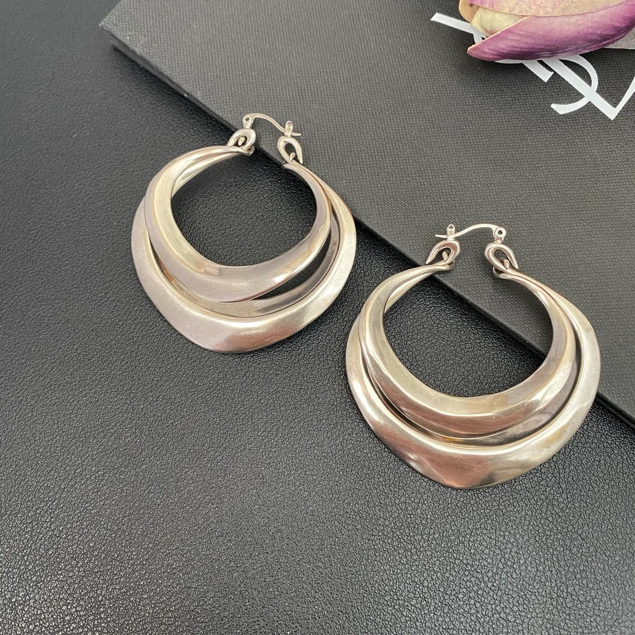 Saint Laurent Silver Triple-Layered Asymmetrical Hoop Earrings