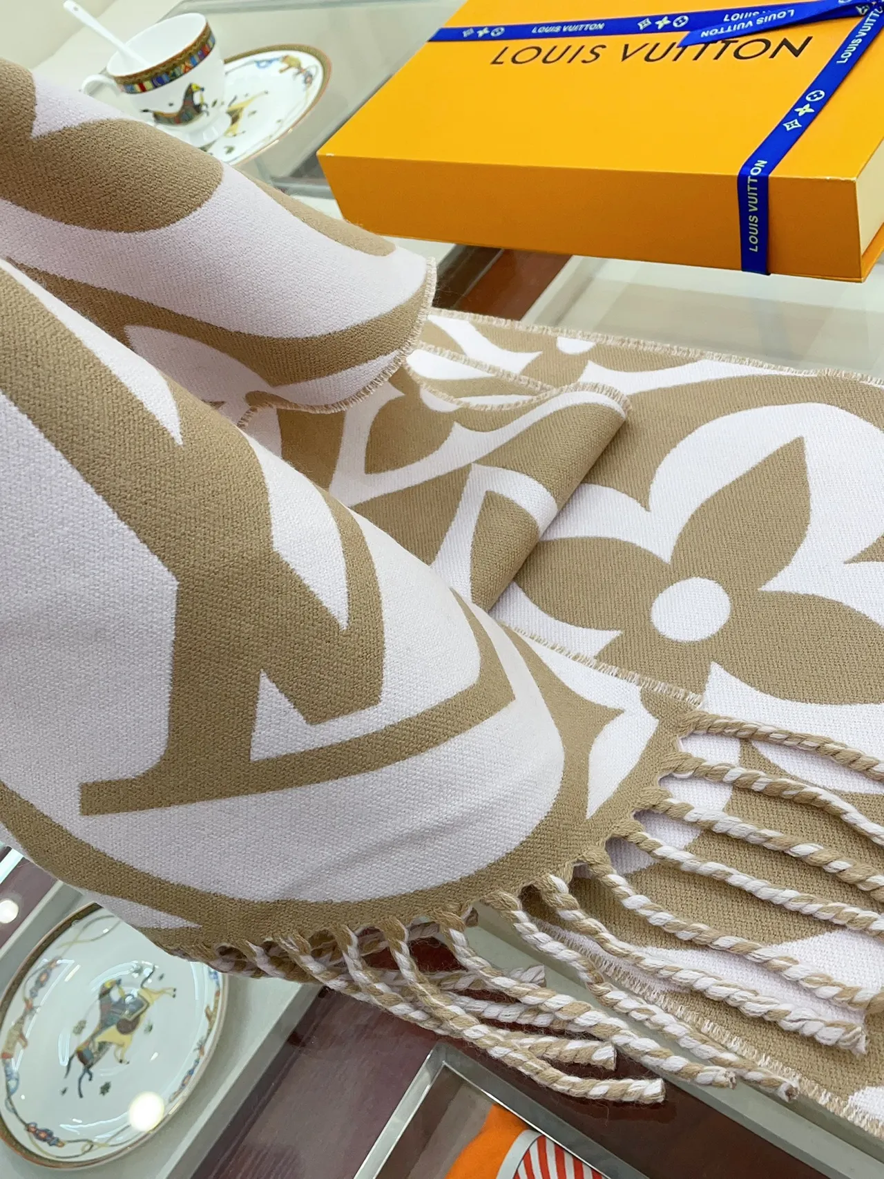 Louis Vuitton Monogram Flower Beige and White Shawl