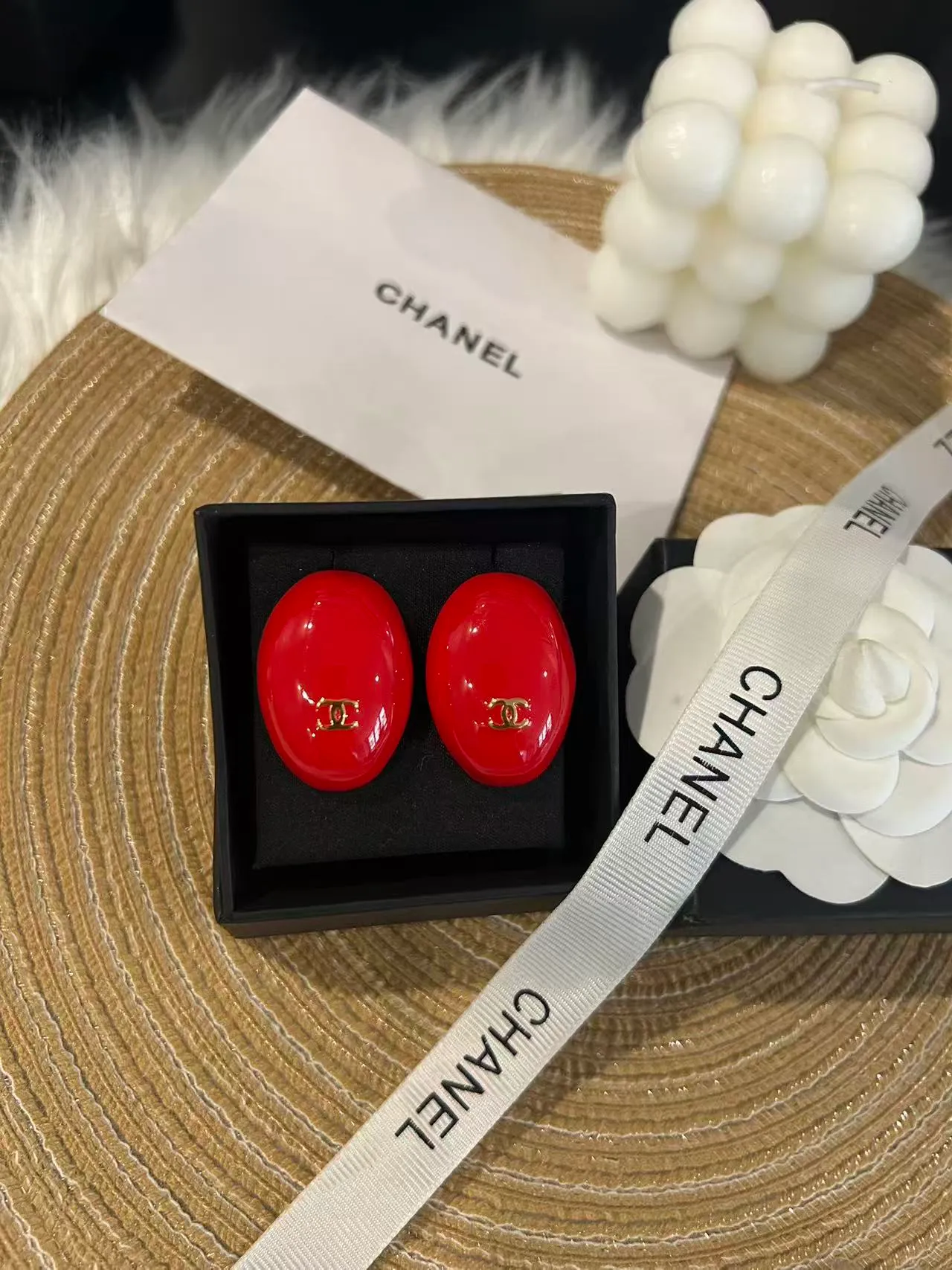 Chanel Enamel Oval CC Logo Stud Earrings