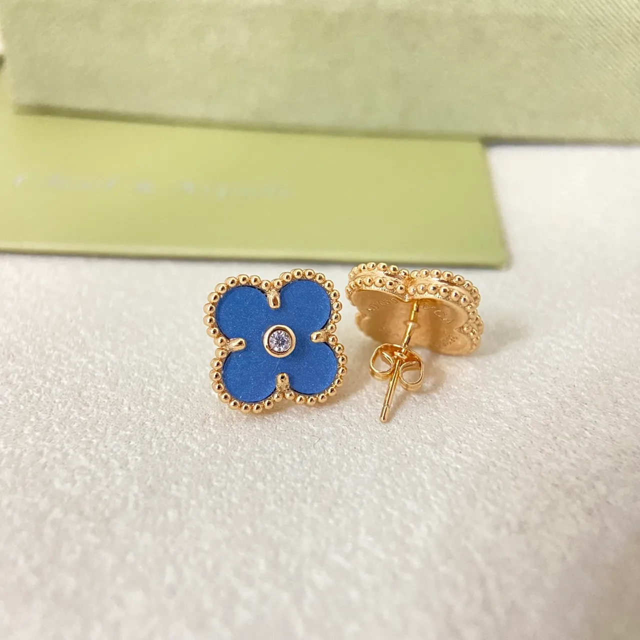 Van Cleef & Arpels Alhambra Blue Enamel Beaded Border Stud Earrings