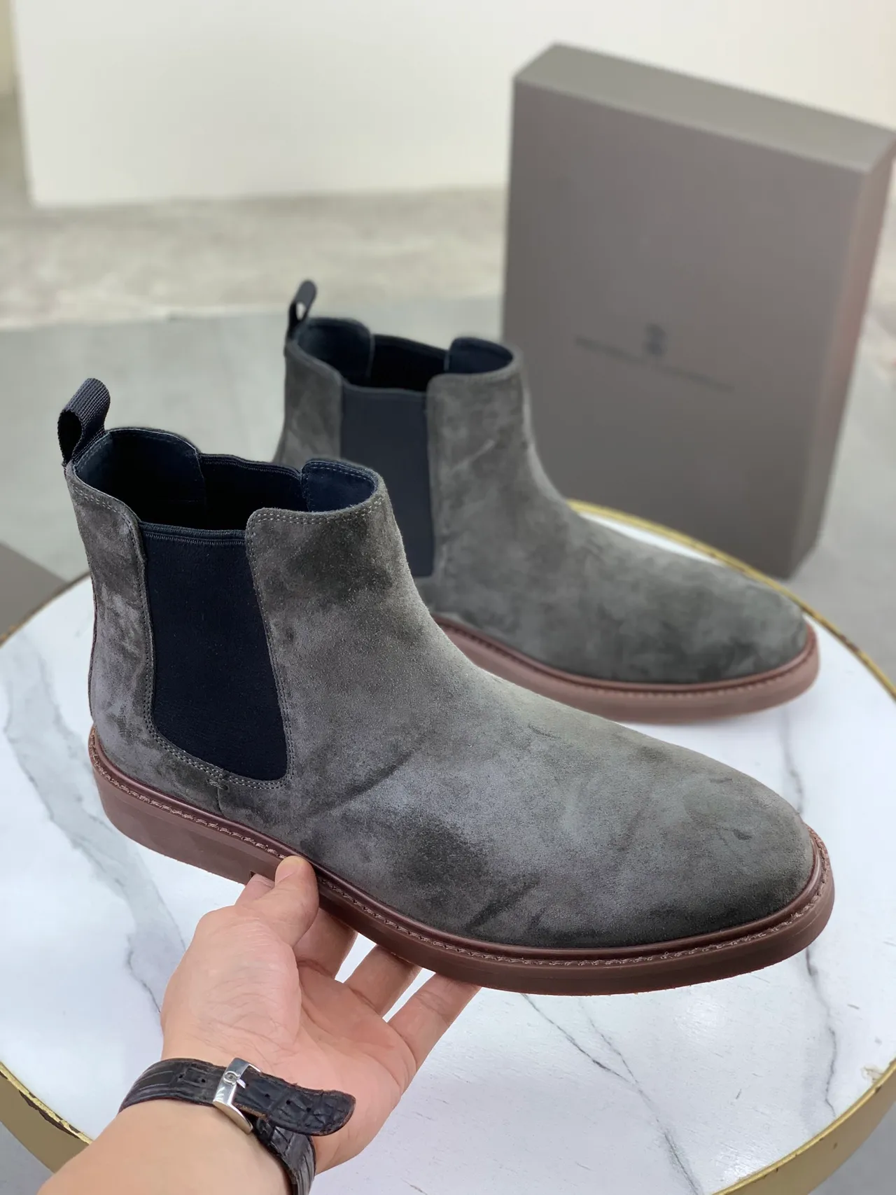 Gray Black Suede Upper Elastic Side Gussets Chelsea Boots