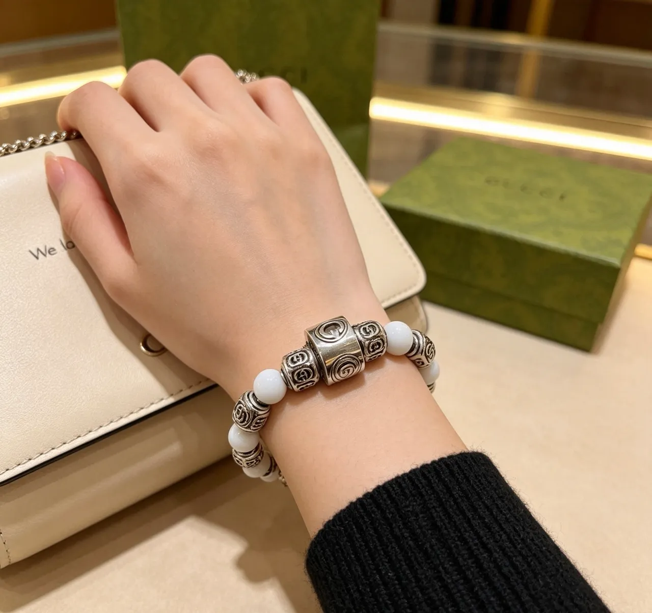Gucci GG Marmont White Silver Beaded Interlocking G Motif Bracelet