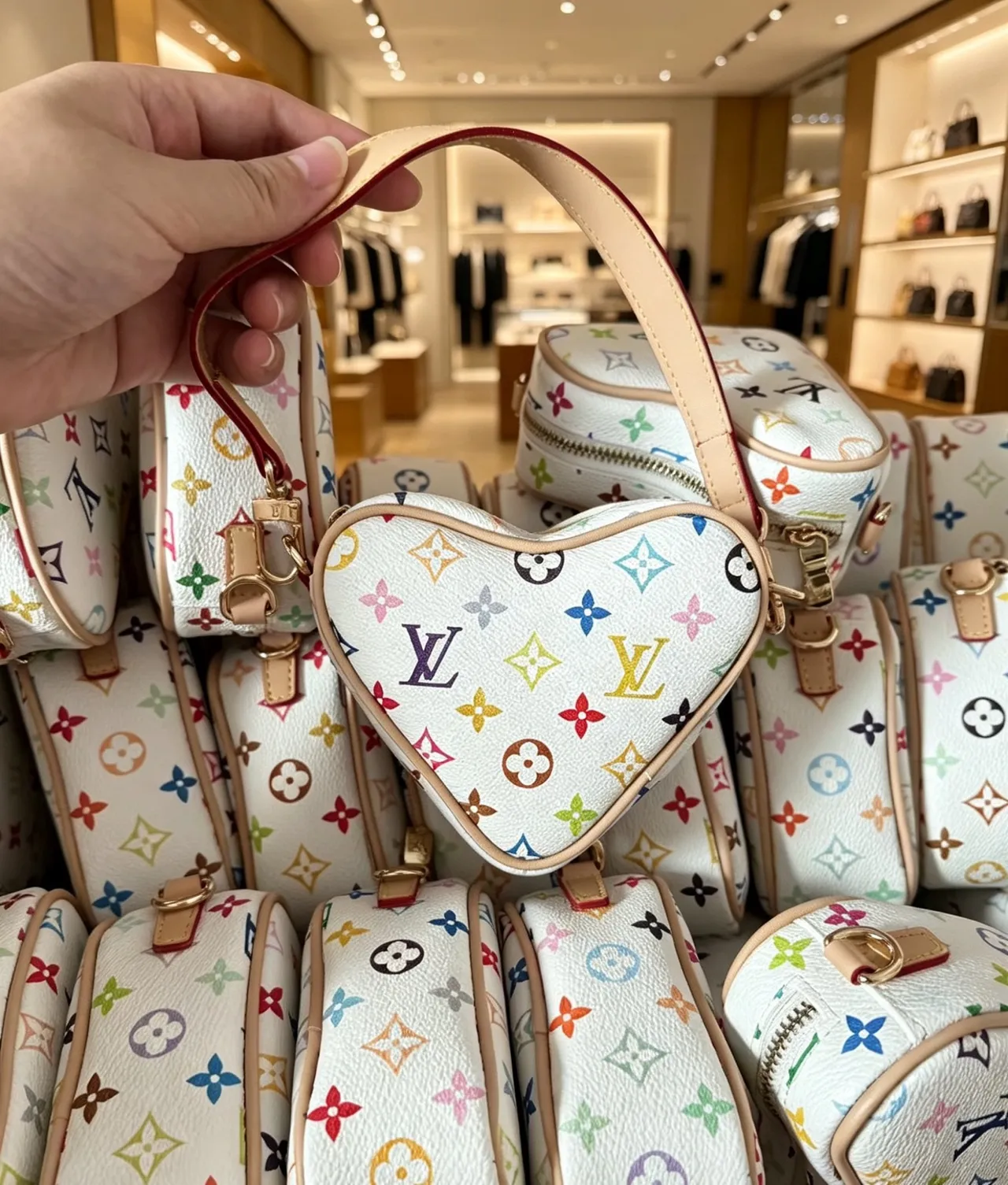 Louis Vuitton White Pink Heart-Shaped Monogram-Printed Handbag