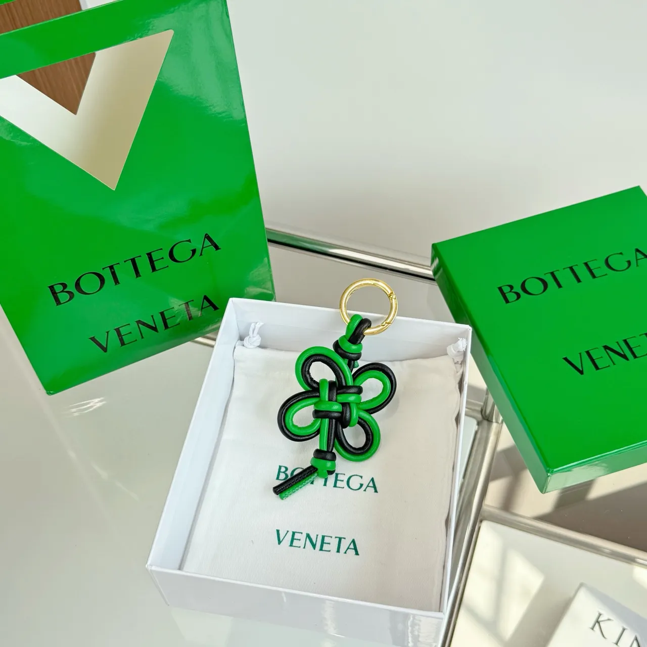 Bottega Veneta Knot Leather Keychain Green and Black Bracelet