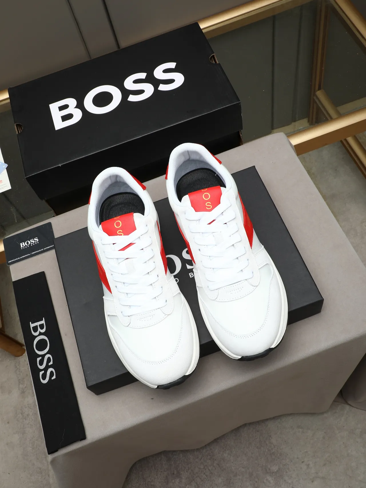 Hugo Boss White Red Leather/suede Upper Chunky Layered Midsole Lifestyle Sneakers