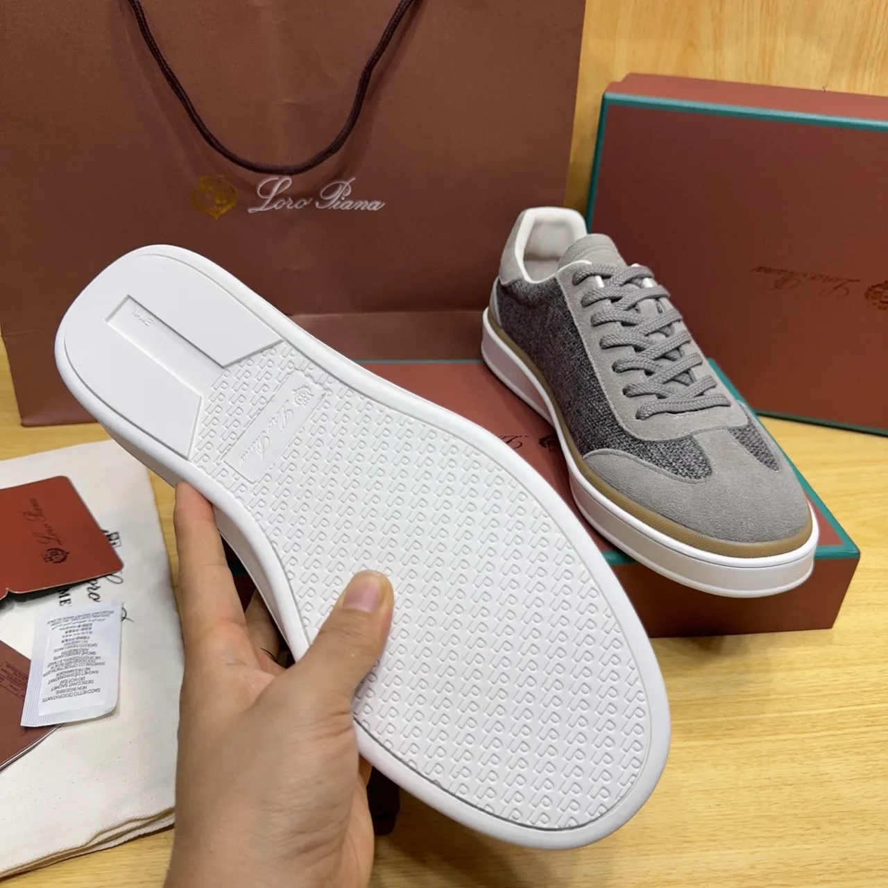 Loro Piana Gray Suede and Woven Textile Low-Top Lifestyle Sneakers