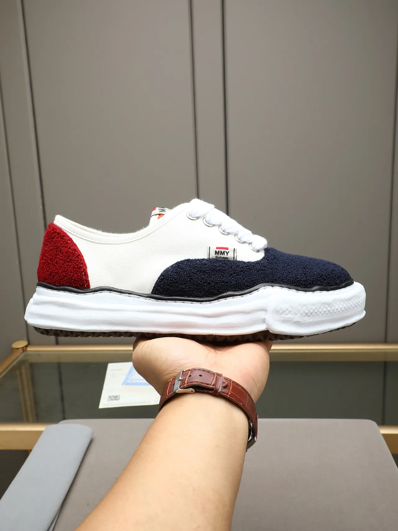 MMY White Navy Canvas Upper Textured And Red Panels Sneakers