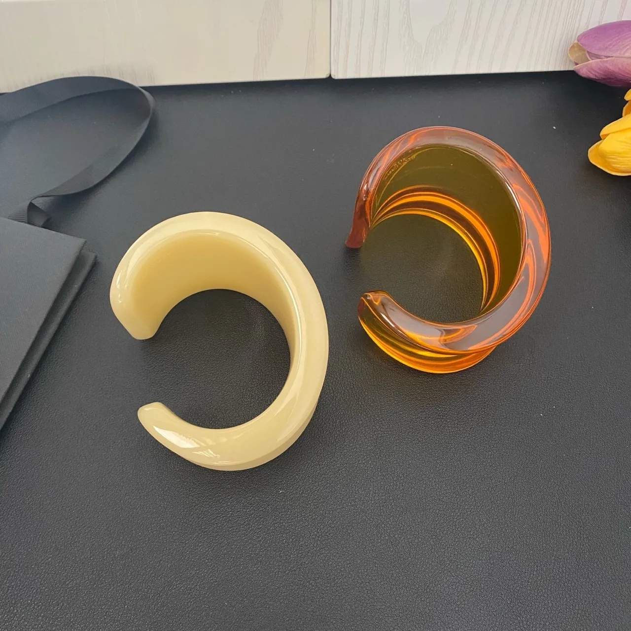 Saint Laurent Beige Orange Sculpted Resin Asymmetrical Cuff Bracelet
