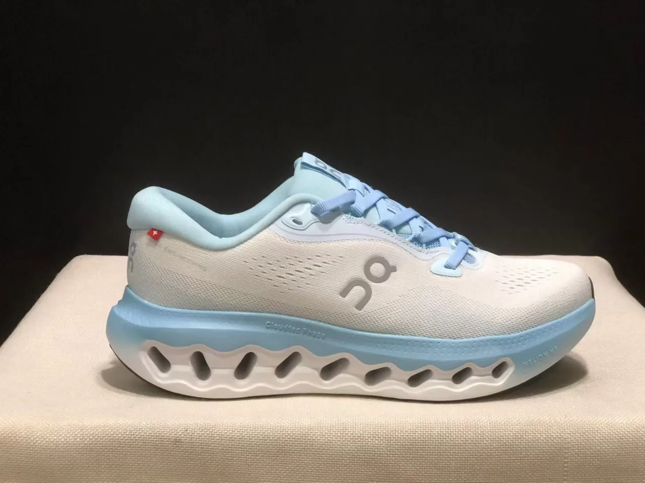 On Cloudmonster Gray Green Engineered Mesh Upper Open Hexagonal CloudTec Pods Running Shoes