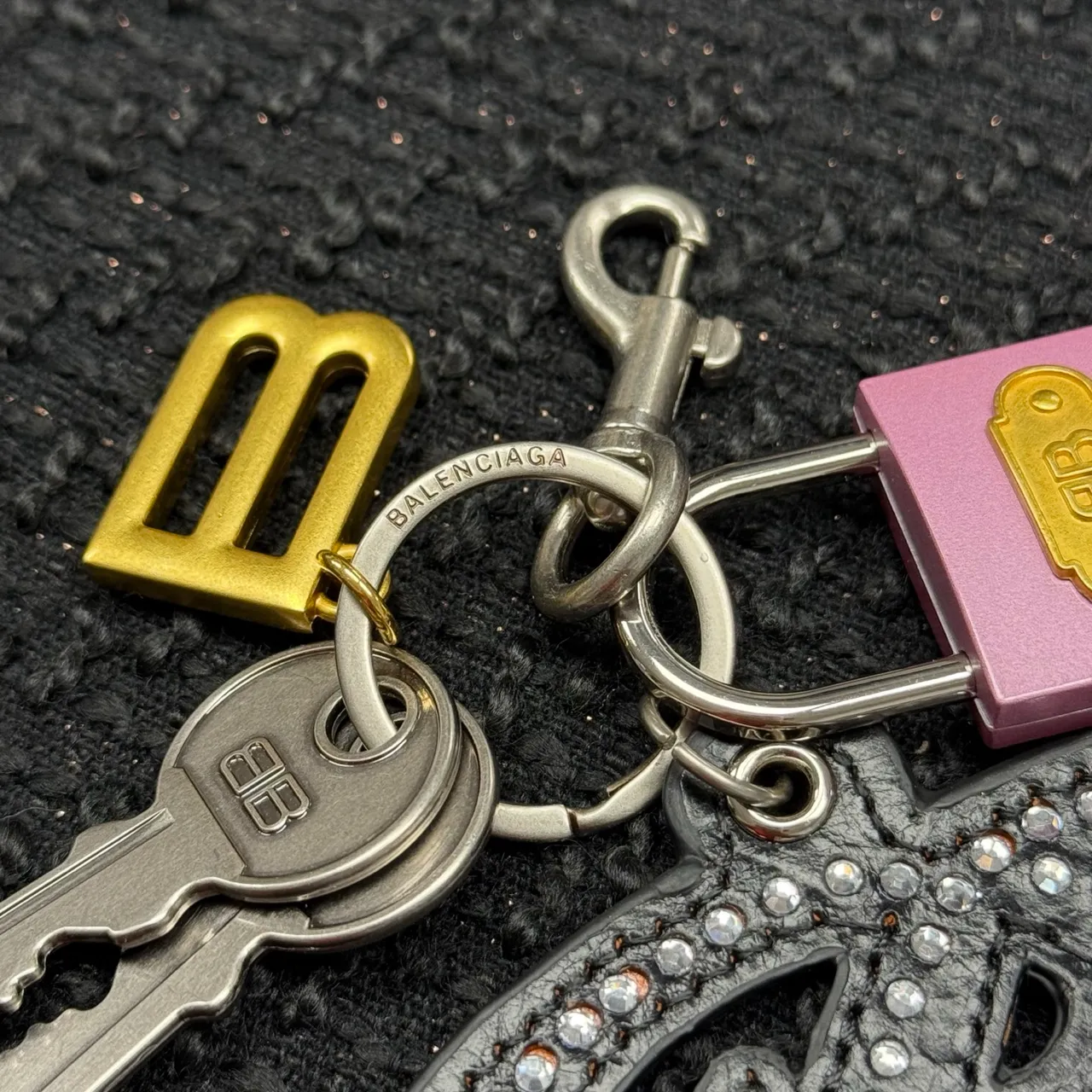 Balenciaga Silver Pink Crystal-Embellished Logo-Charm Jewelry