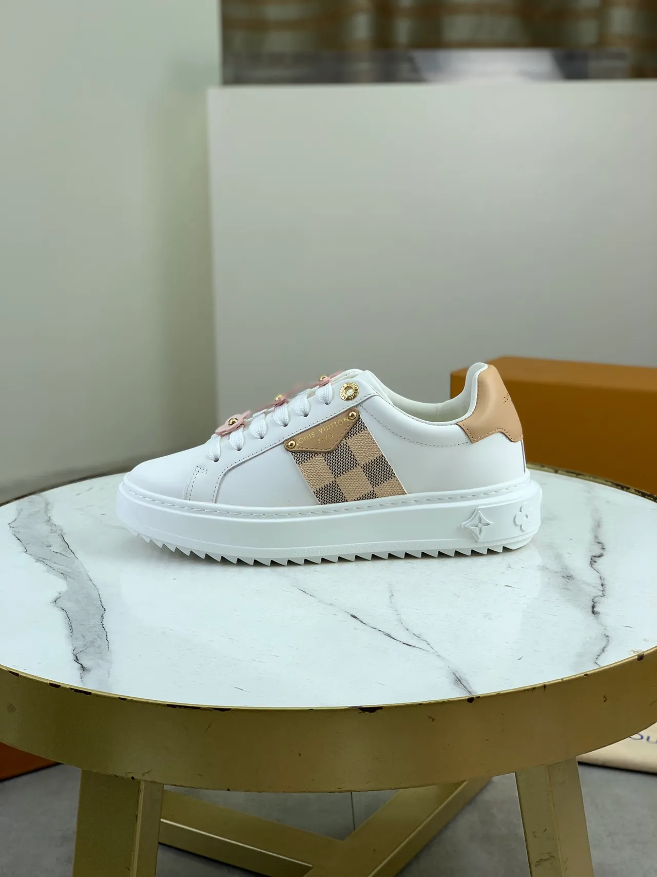 Louis Vuitton LV Trainer White Beige Leather Upper Damier Checkerboard Side Panel Lifestyle Sneakers