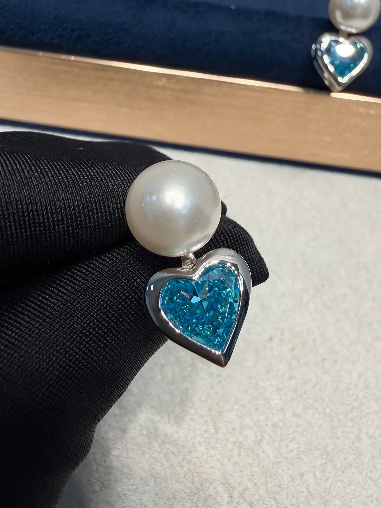Pearl and Blue Heart Gemstone Stud Earrings