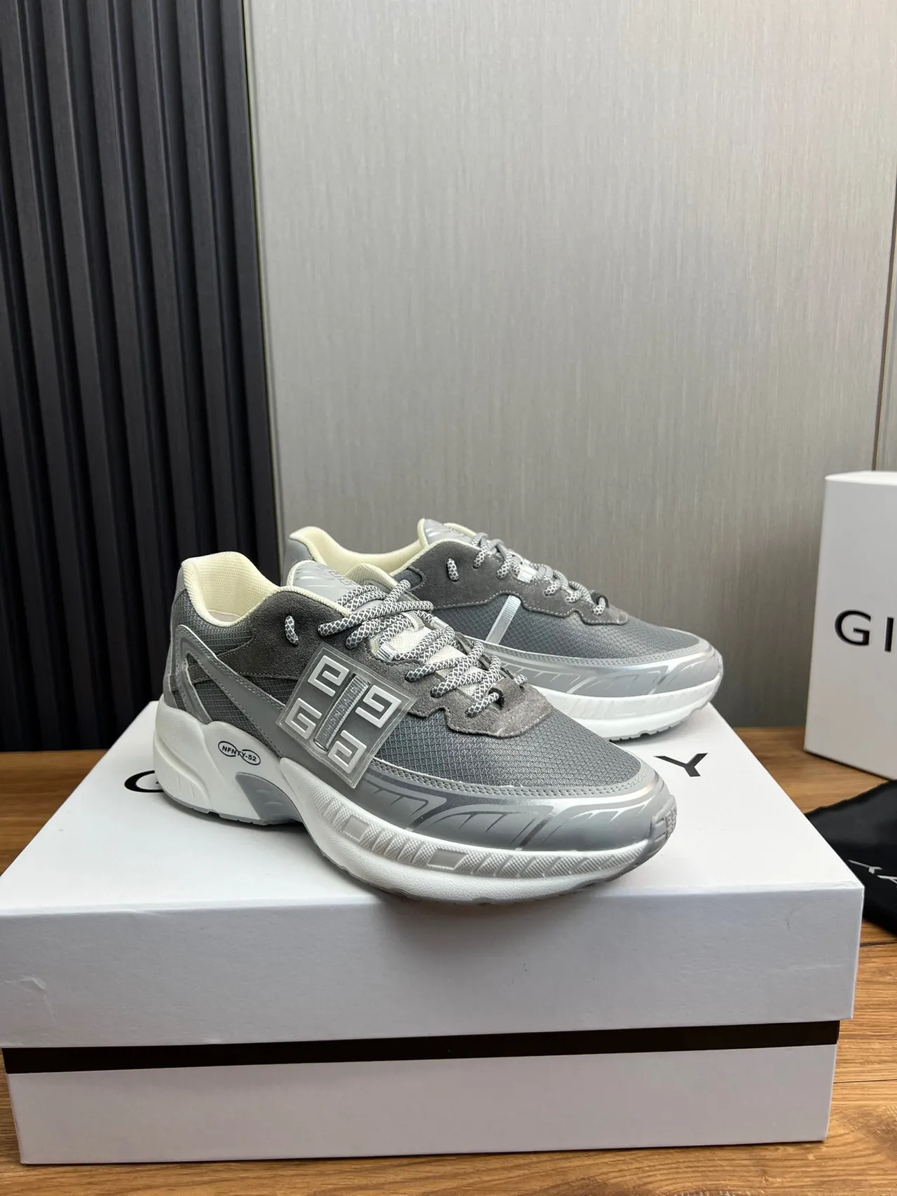 Givenchy Gray White Sole Mesh-Suede Hybrid Upper Chunky Sneakers