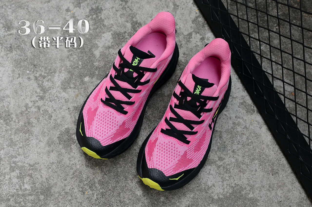 Hoka Pink Yellow Maximalist Cushioning Knit Upper Running Shoes