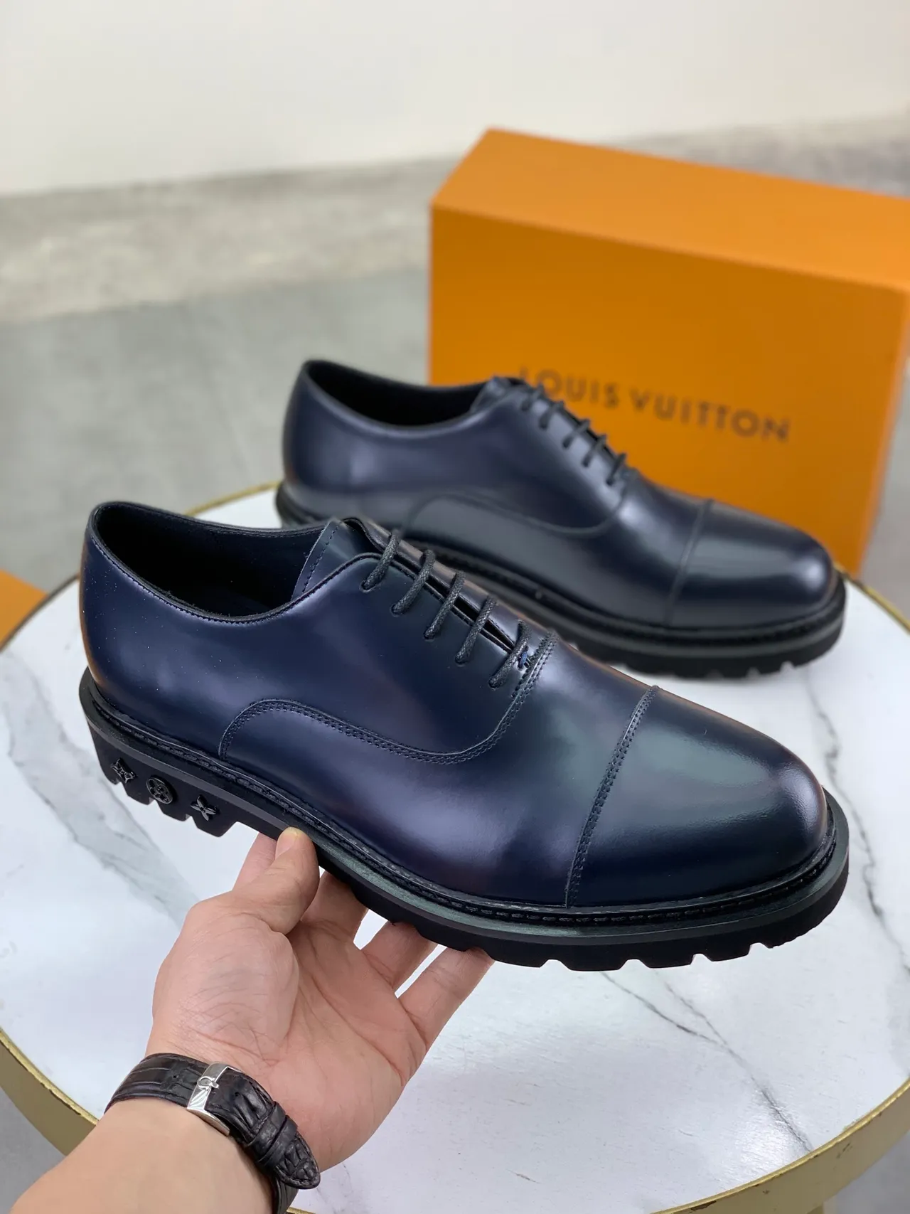 Louis Vuitton Navy Black Cap-Toe Polished Leather Oxford Shoes