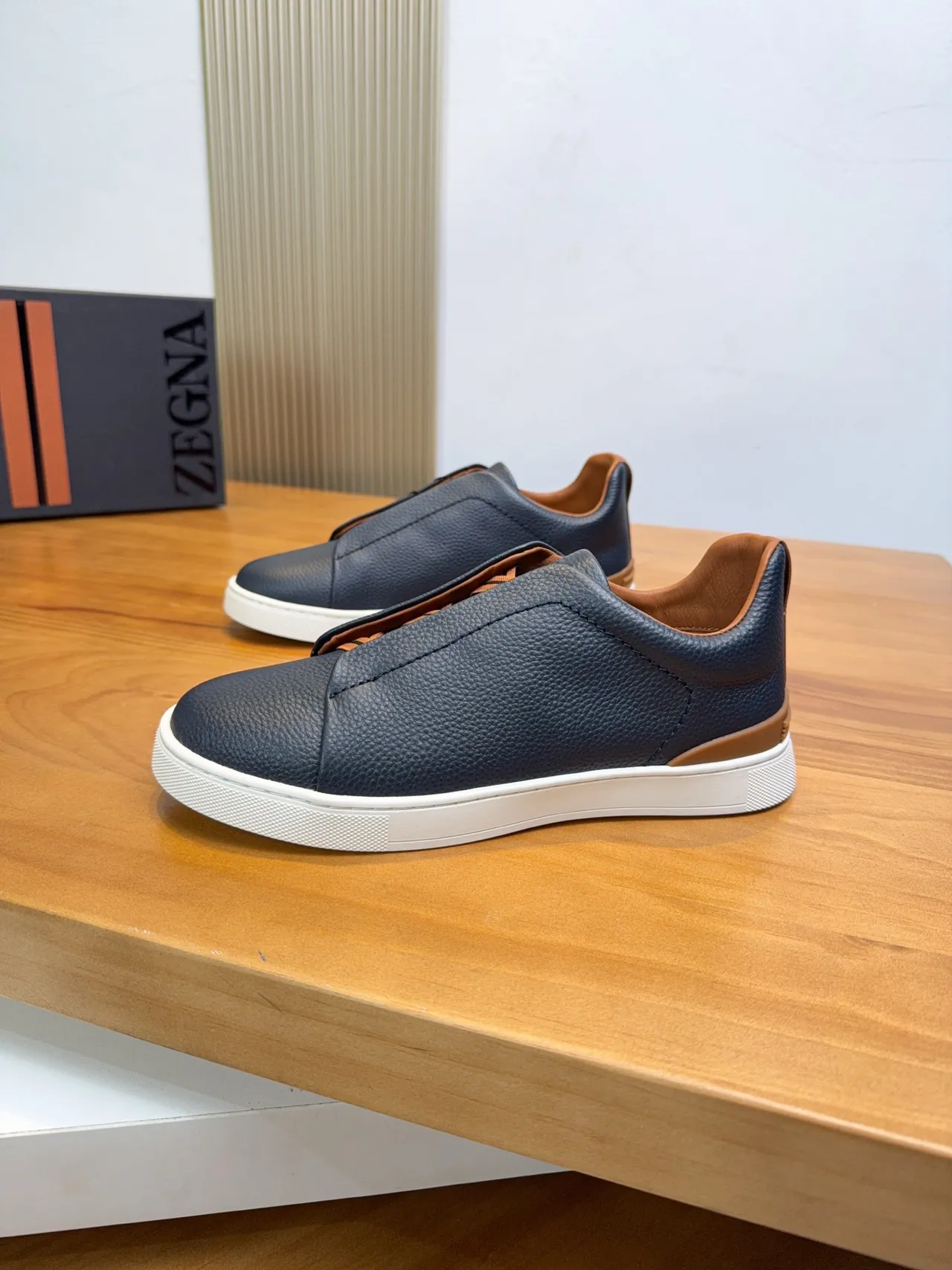 Zegna Navy Pebbled Leather Slip-On Lifestyle Sneakers