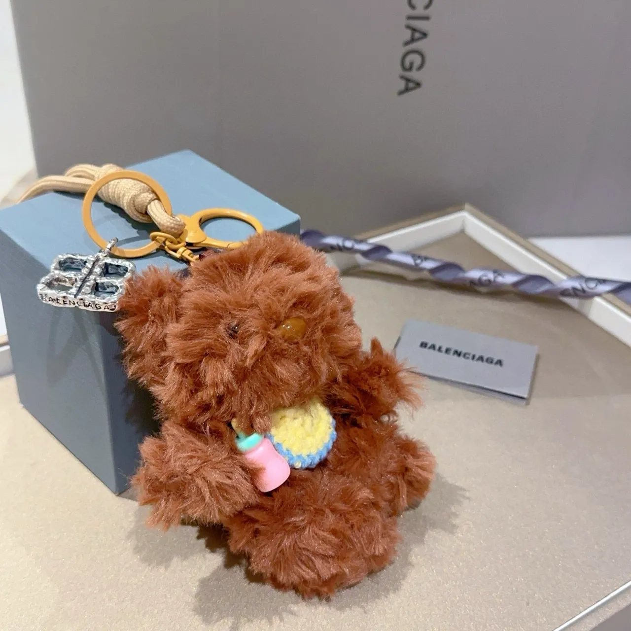 Balenciaga Brown Beige Plush Teddy Bear Knitted Bib Crossbody Bag