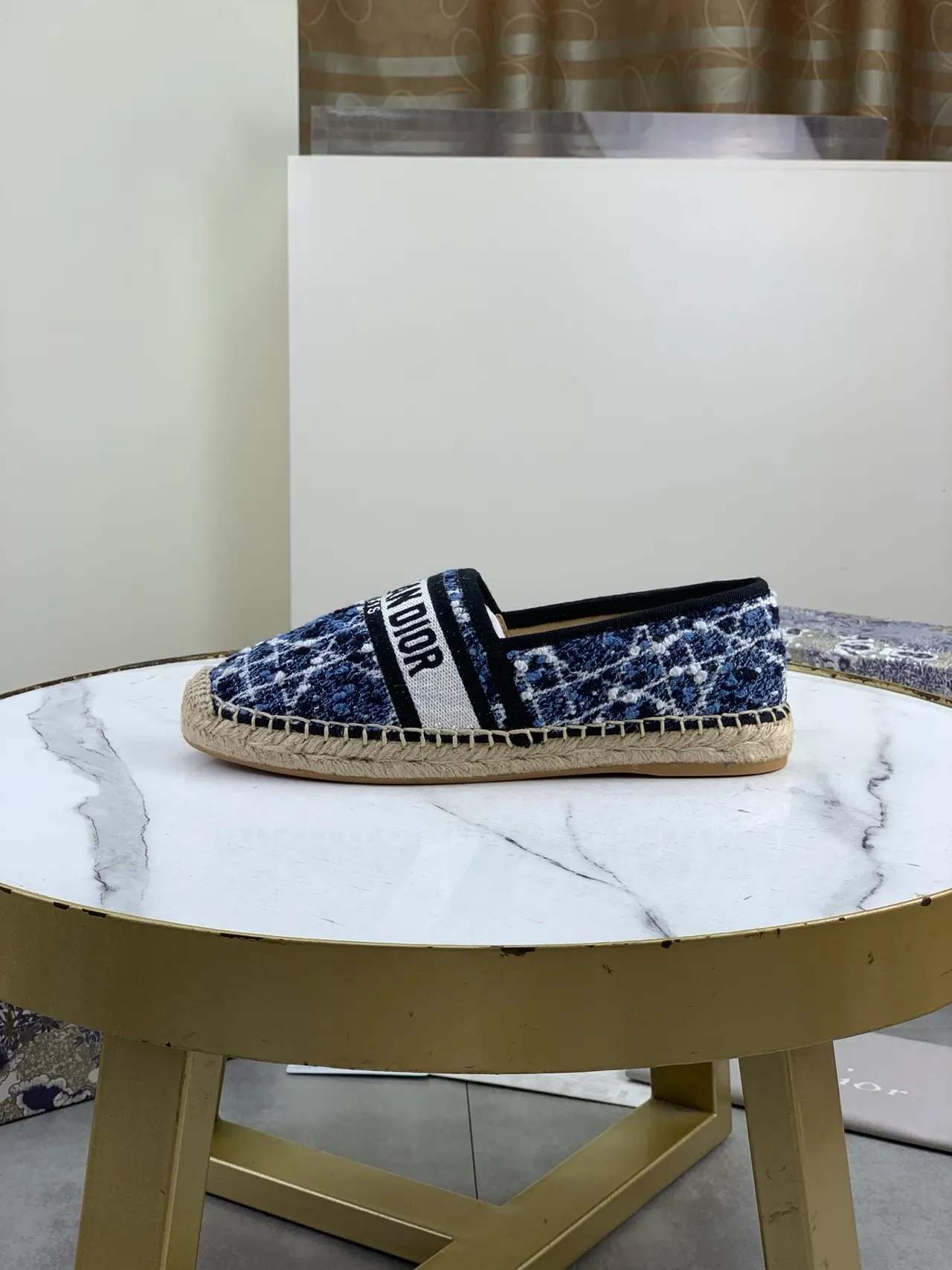 Dior Navy White Woven Tweed Upper Jute Espadrille Sole Boat Shoes