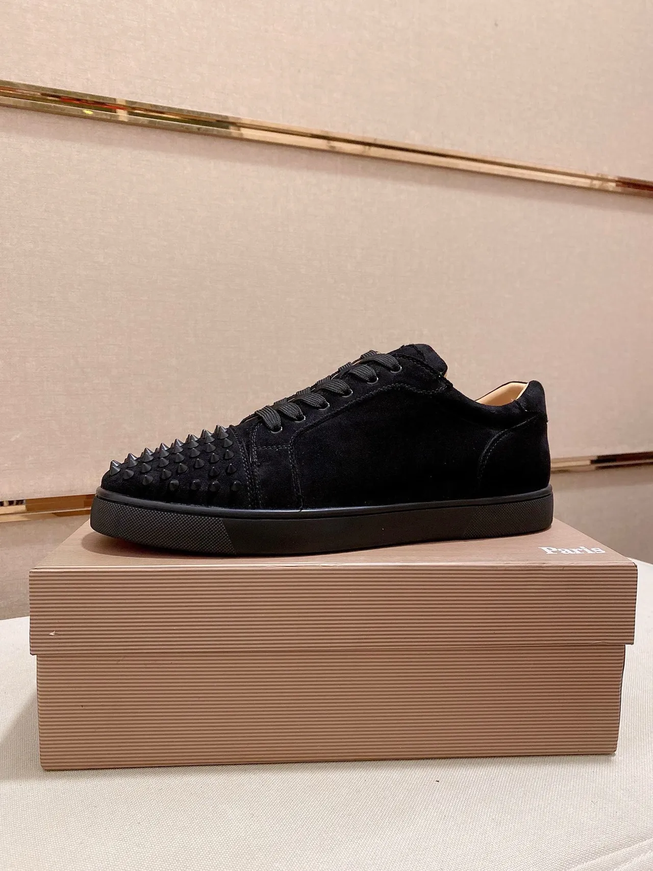 Christian Louboutin Black Beige Suede Upper Spiked Toe Cap Lifestyle Sneakers