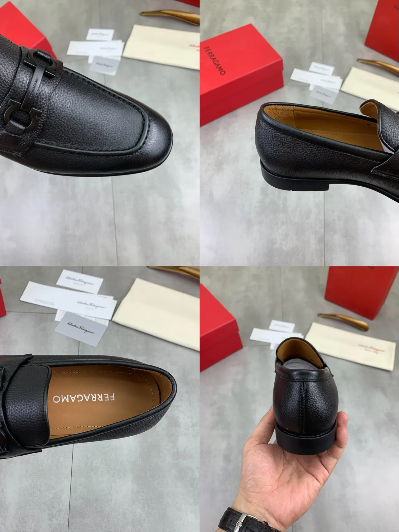 Salvatore Ferragamo Gancini Loafer Black Pebbled Leather Square Toe Loafers