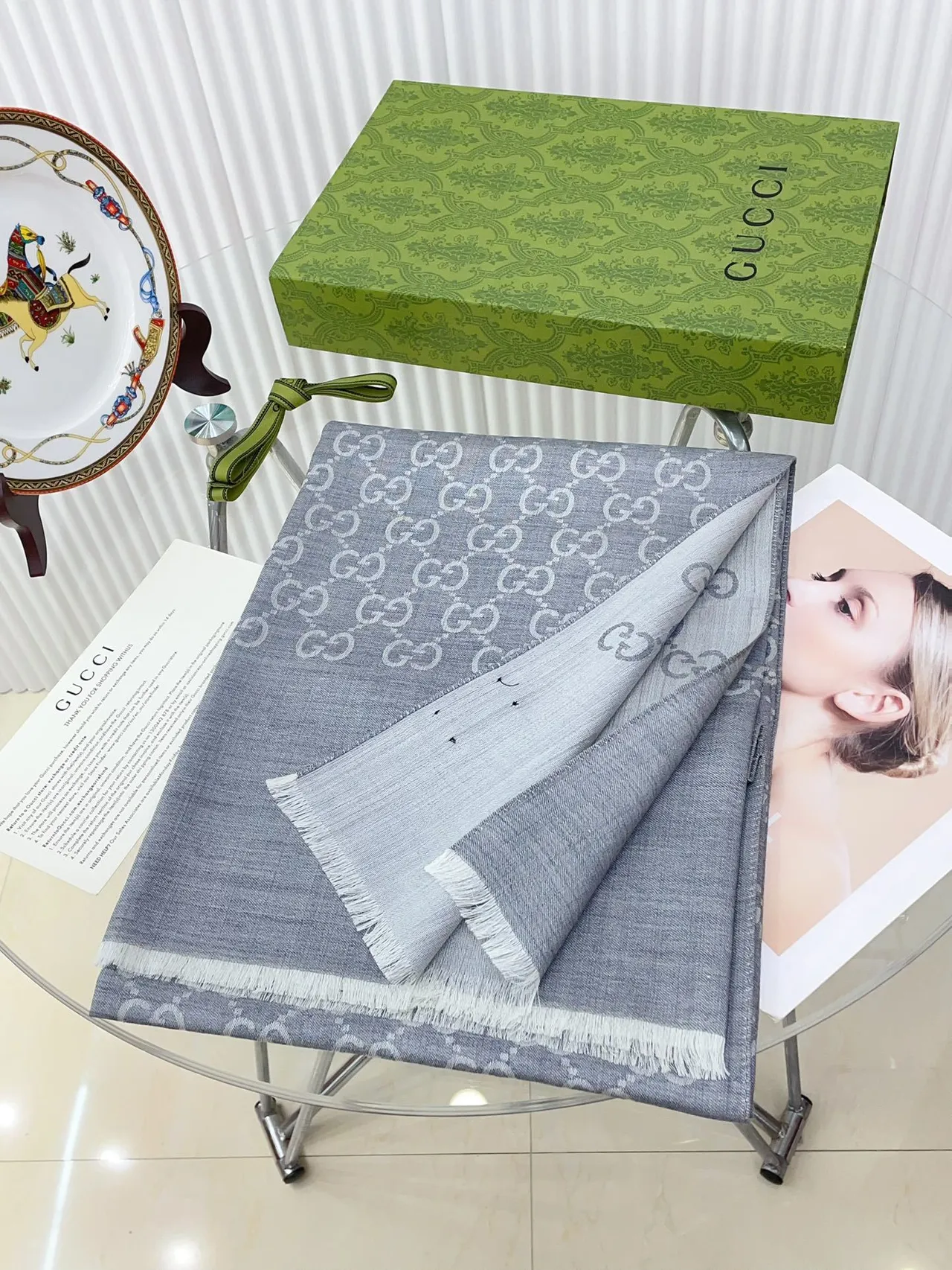 Gucci Monogram-Printed Gray Silk Scarf