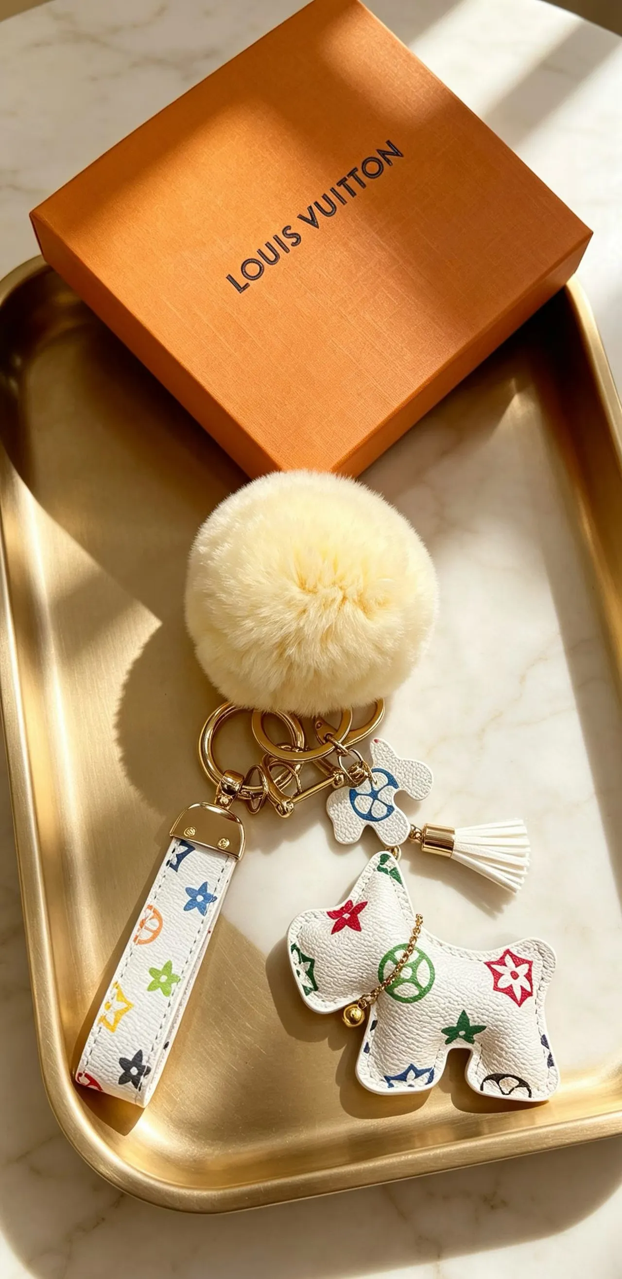 Louis Vuitton Multicolor Beige Monogram Leather Cream Faux-Fur Pom-Pom Phone Accessory