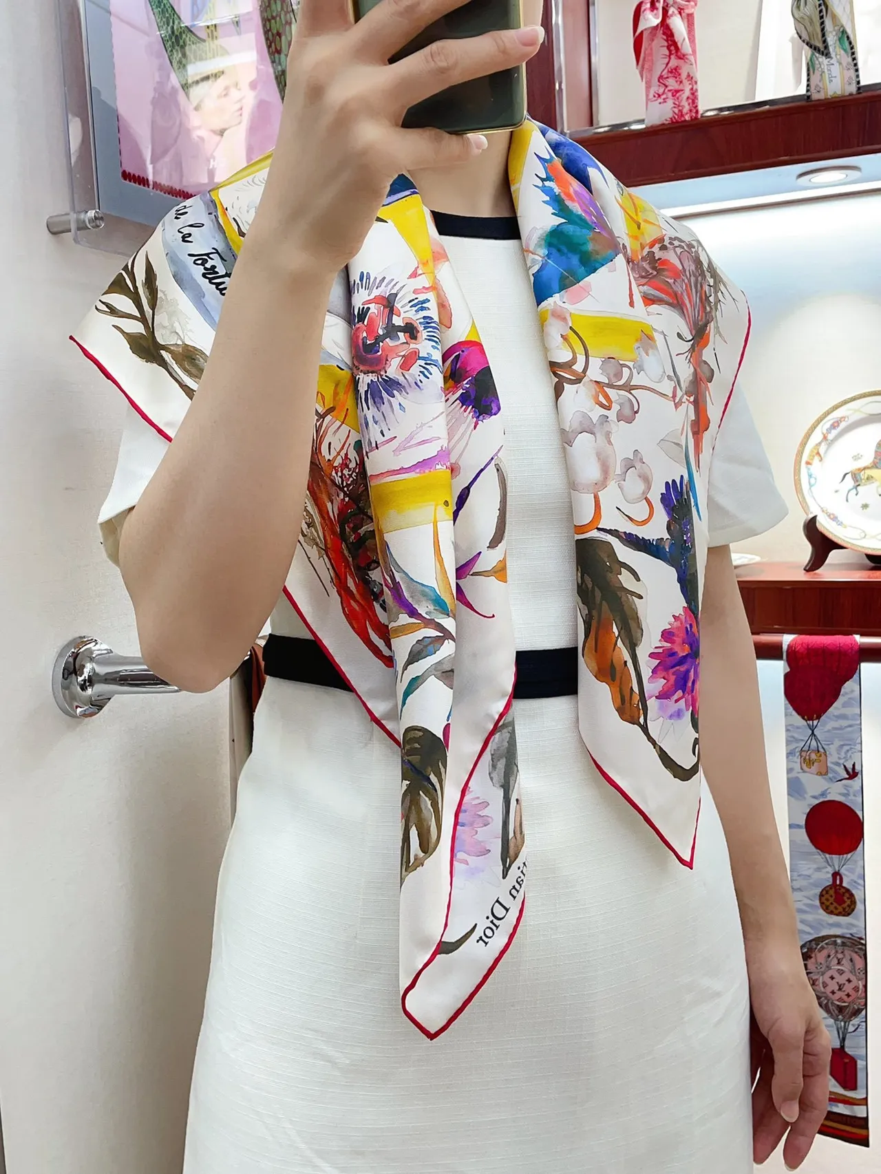 Dior Floral Watercolor Print Silk Scarf