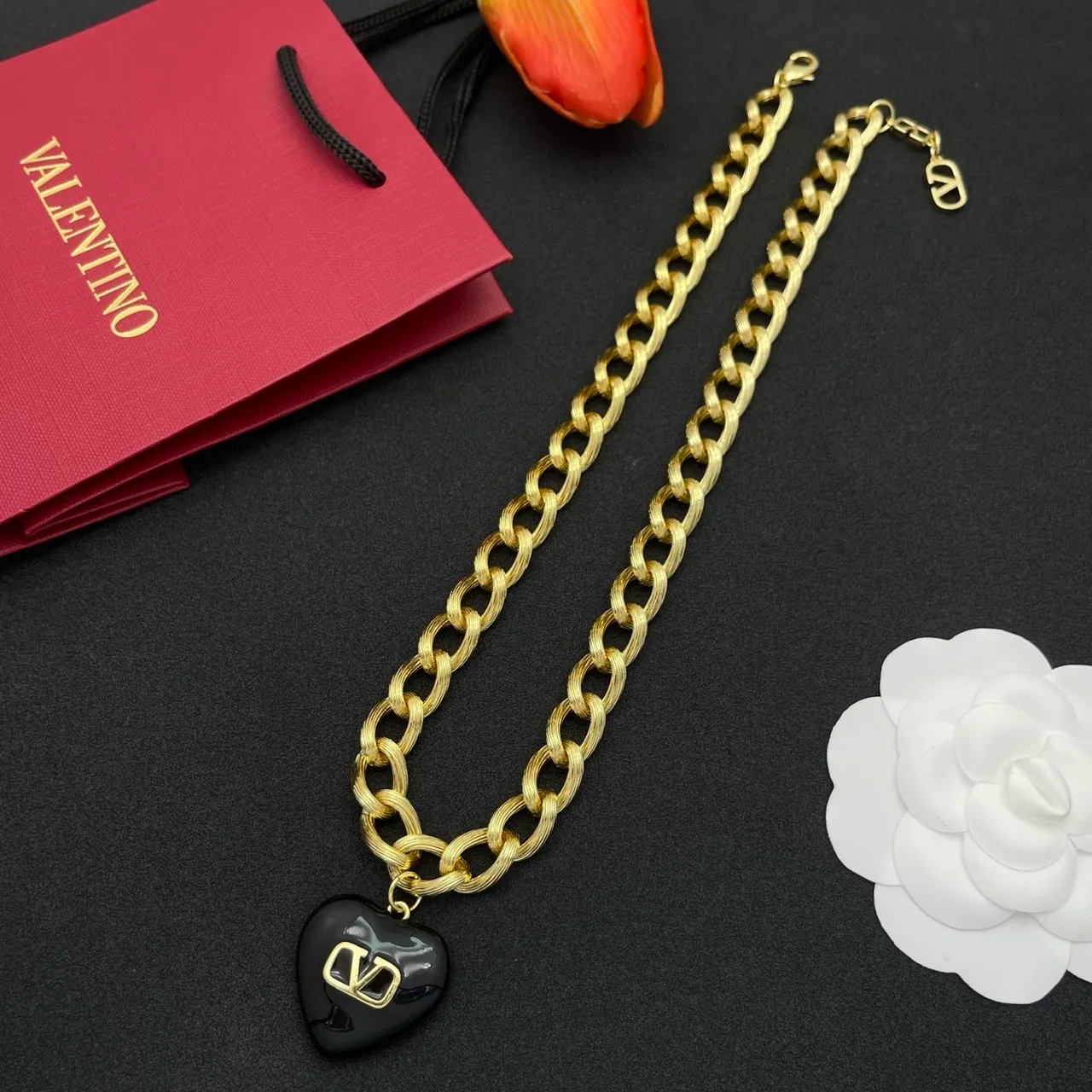 Valentino VLogo Heart Black and Gold Chain Necklace