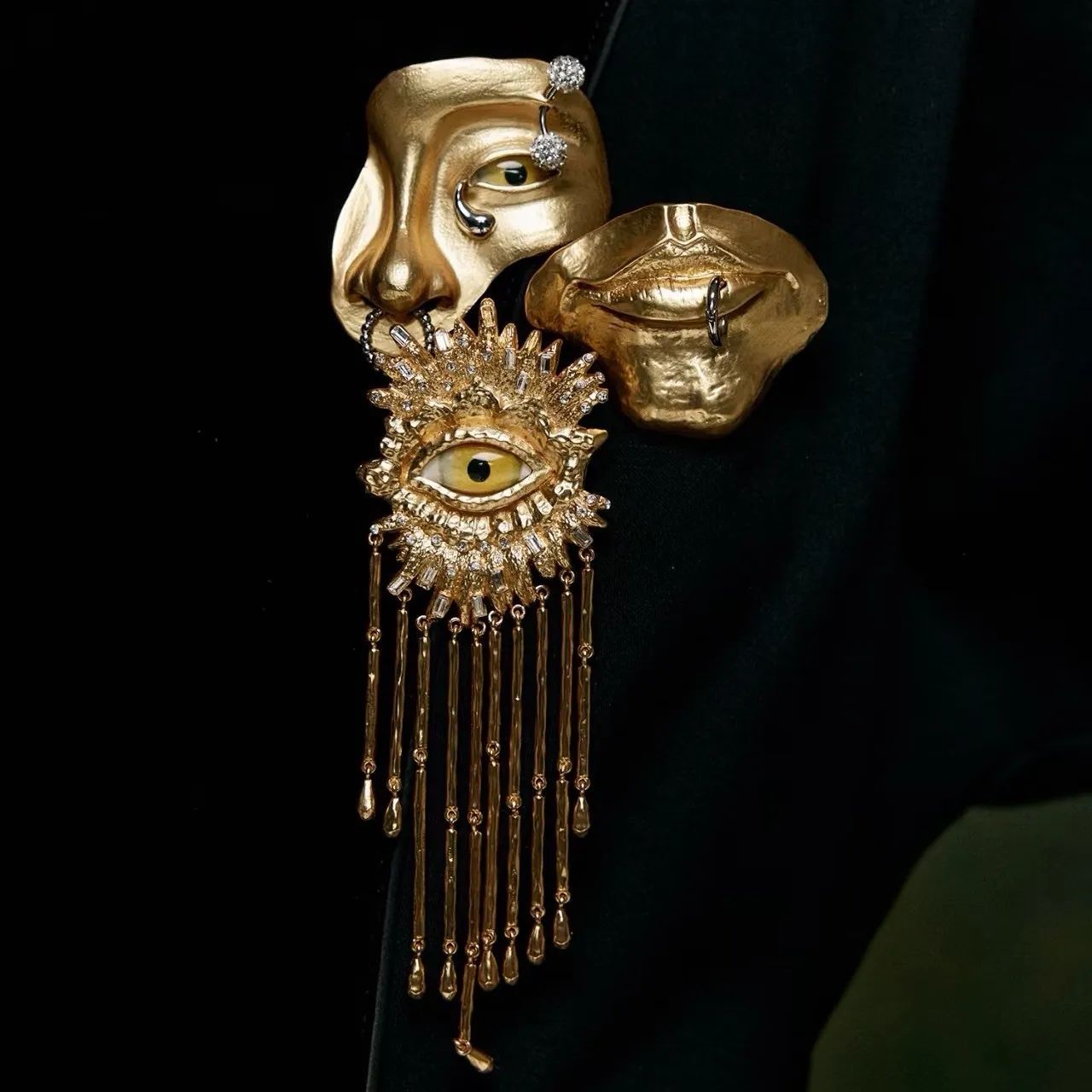 Gold Yellow Metal Eye Motif Centerpiece Brooch