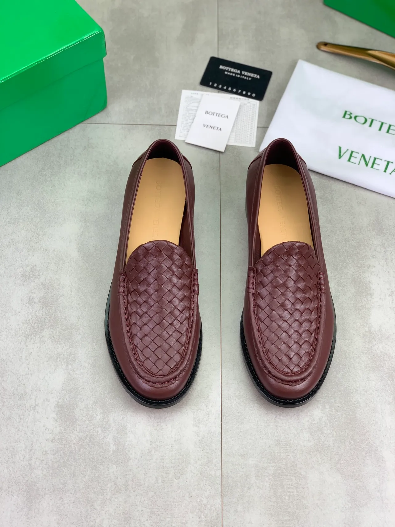 Bottega Veneta Andiamo Burgundy Black Intrecciato-Woven Vamp Smooth Leather Upper Loafer