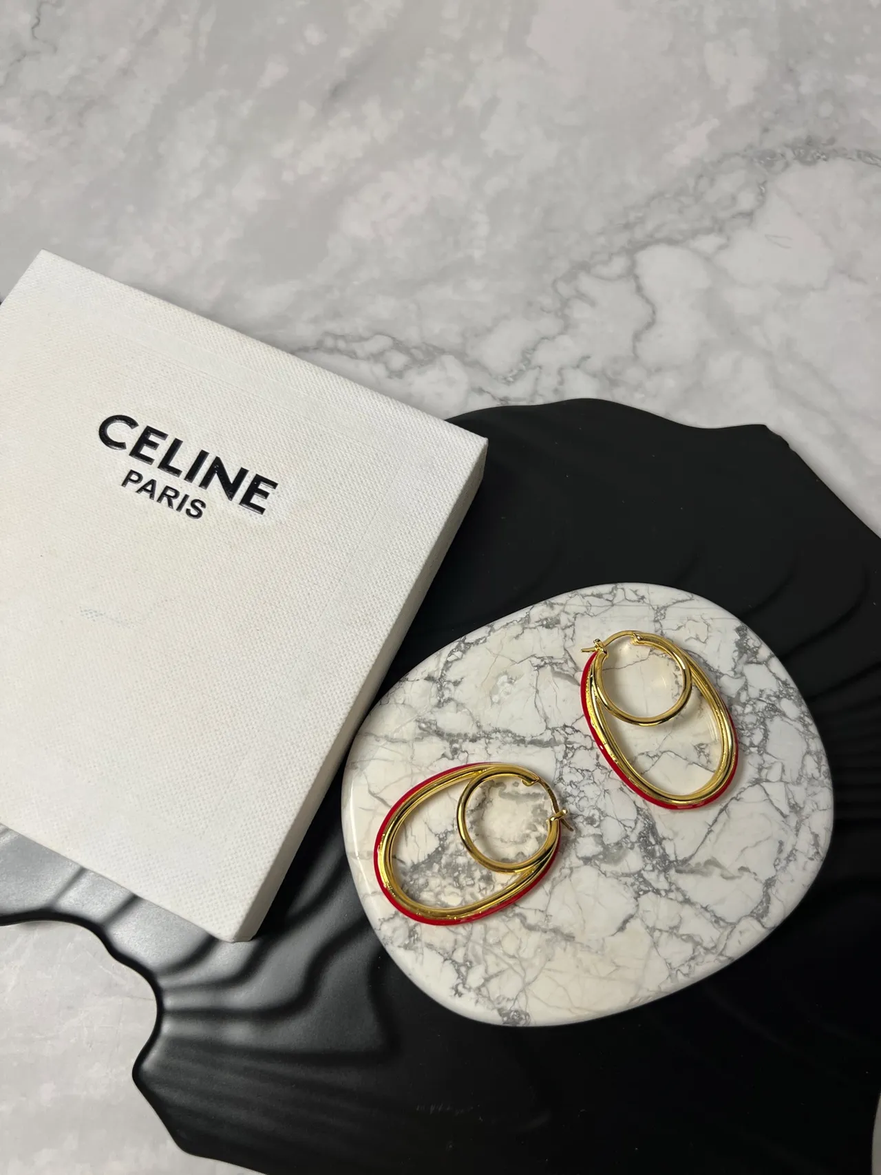 Celine Red Gold Double-Hoop Oval Earrings