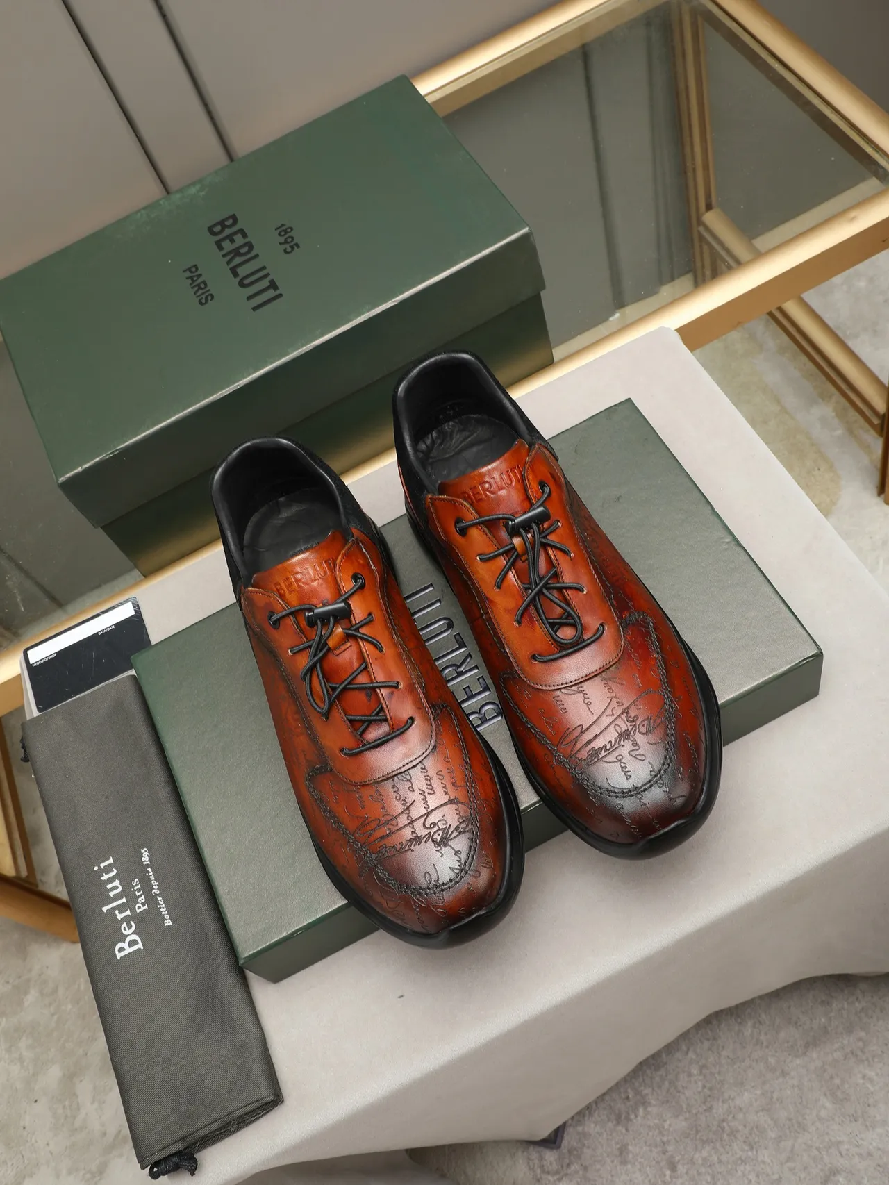 Berluti Embossed Script Leather Brown and Black Casual Shoes