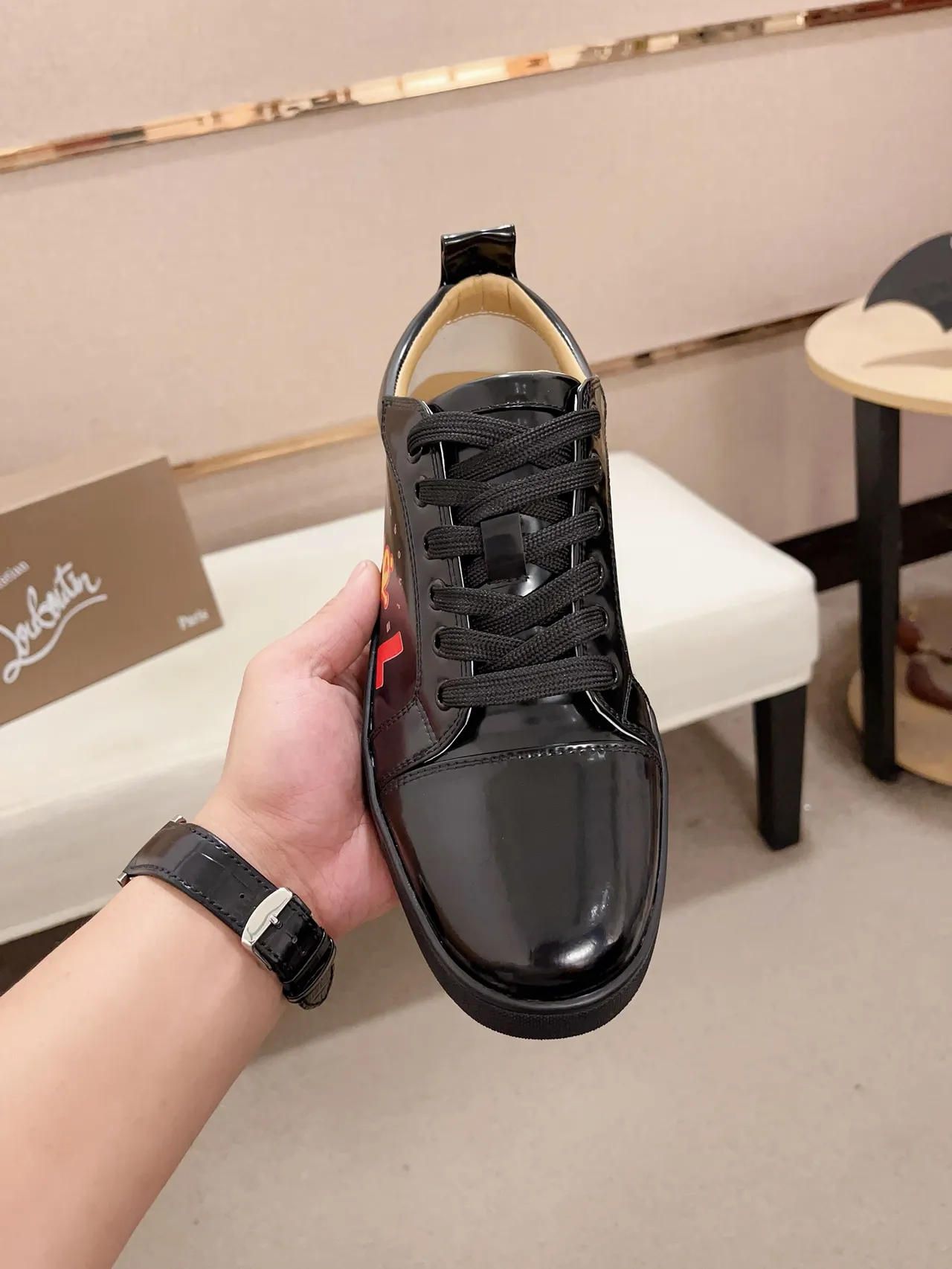 Christian Louboutin Black Orange Glossy Patent Leather Cap-Toe Construction Sneakers