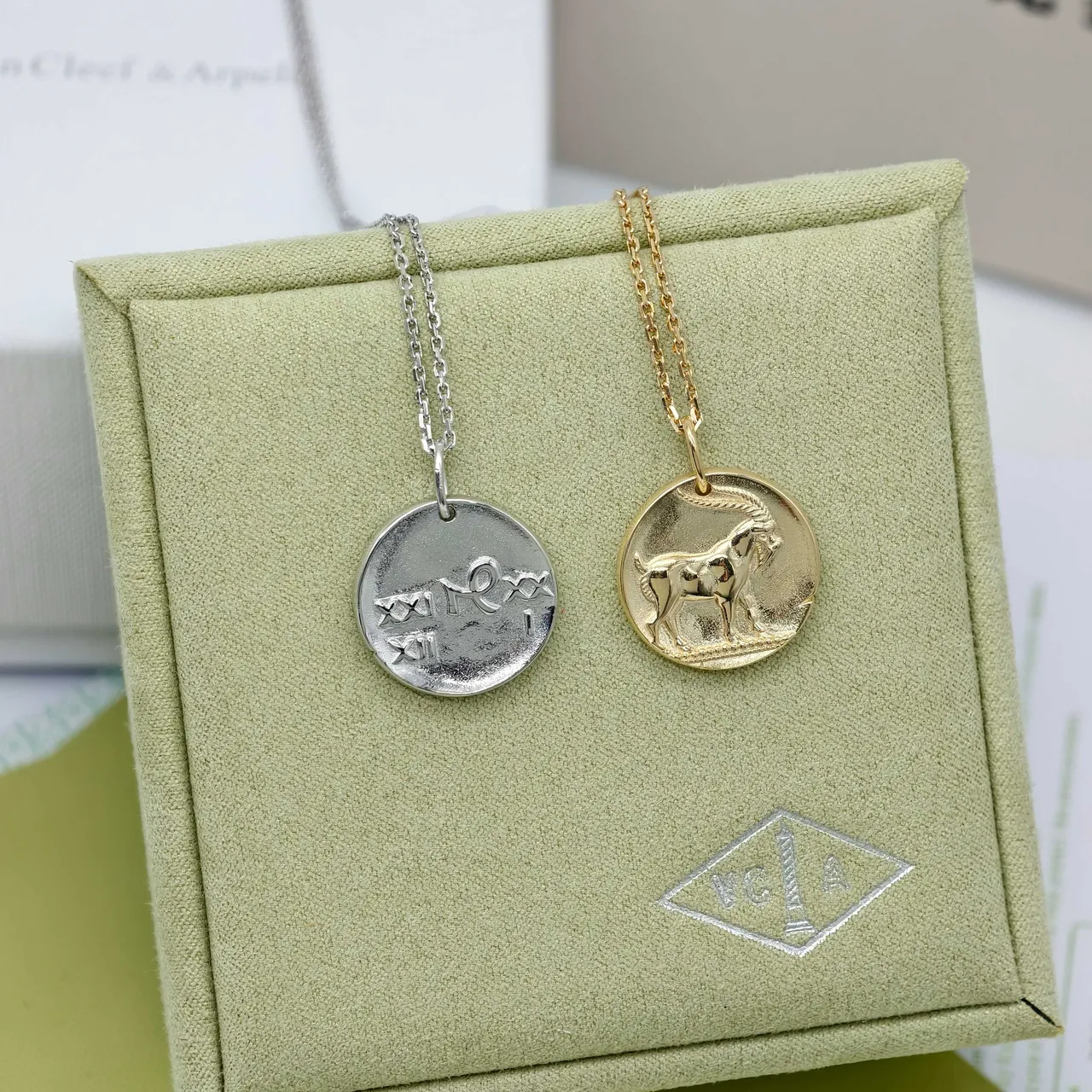 Van Cleef & Arpels Zodiac Silver Gold Circular Disc Pendants Engraved Motifs Necklace