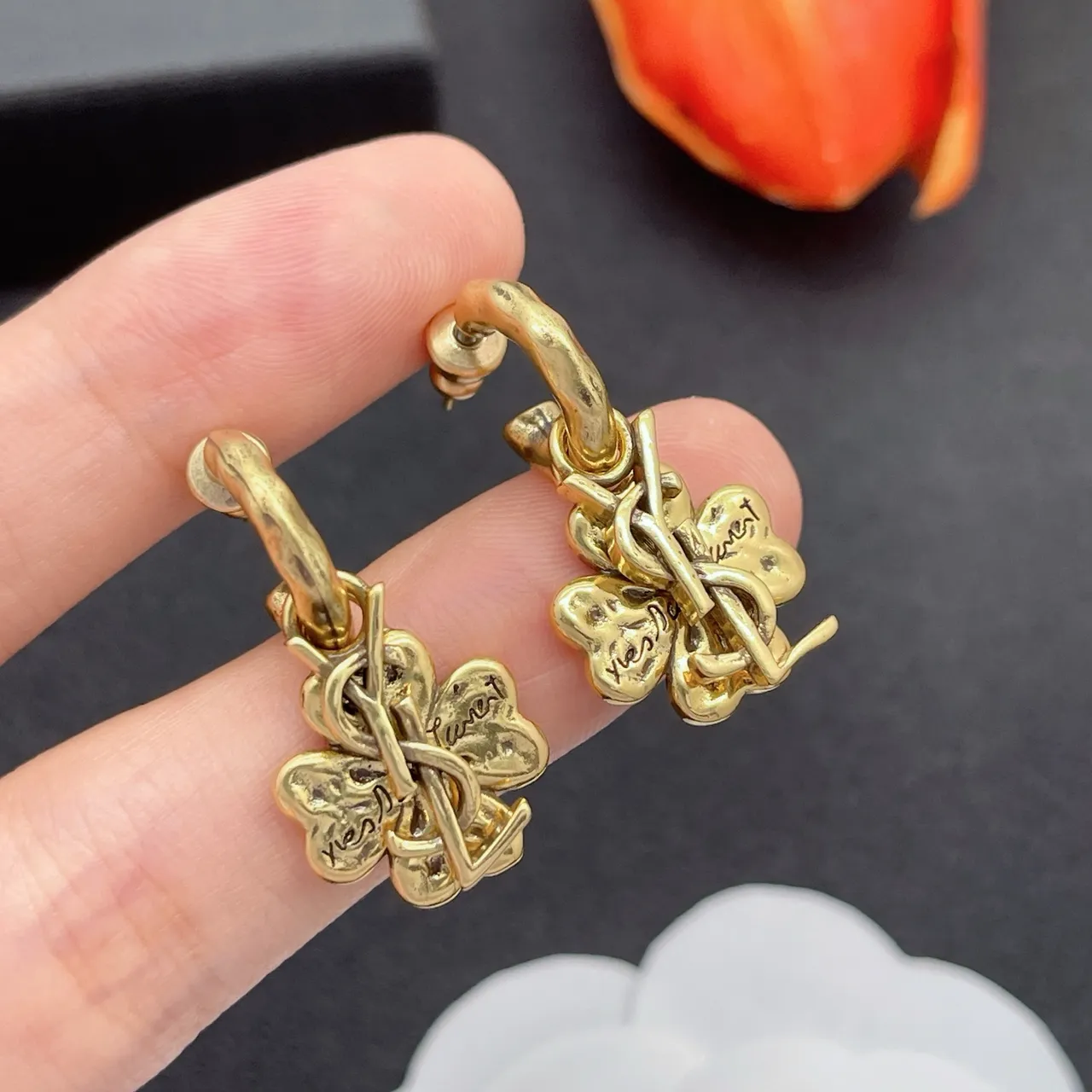 Saint Laurent Monogram Clover Gold-Tone Earrings