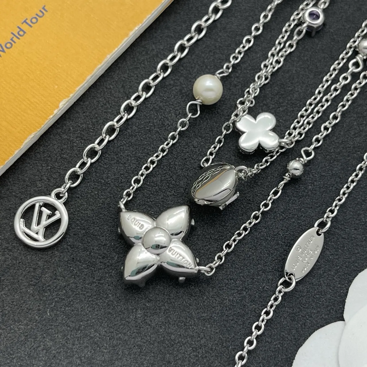 Louis Vuitton Silver Pink Multi-Strand Layered Chain Necklace