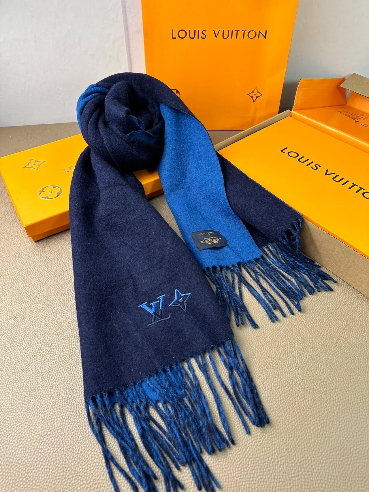 Louis Vuitton Embroidered Monogram Navy Cashmere Scarf