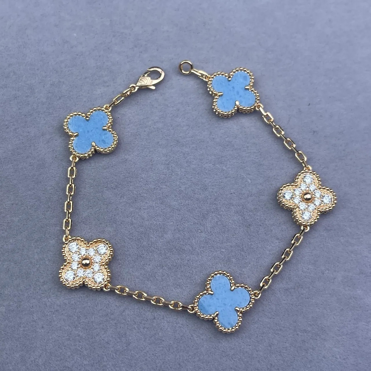 Van Cleef & Arpels Alhambra Gold Blue Chain Quatrefoil Clover Motifs Bracelet