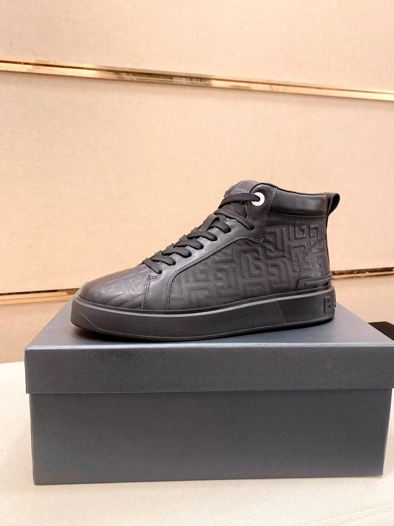 Balmain B-Court Black Embossed Greek Key High-Top Lifestyle Sneaker