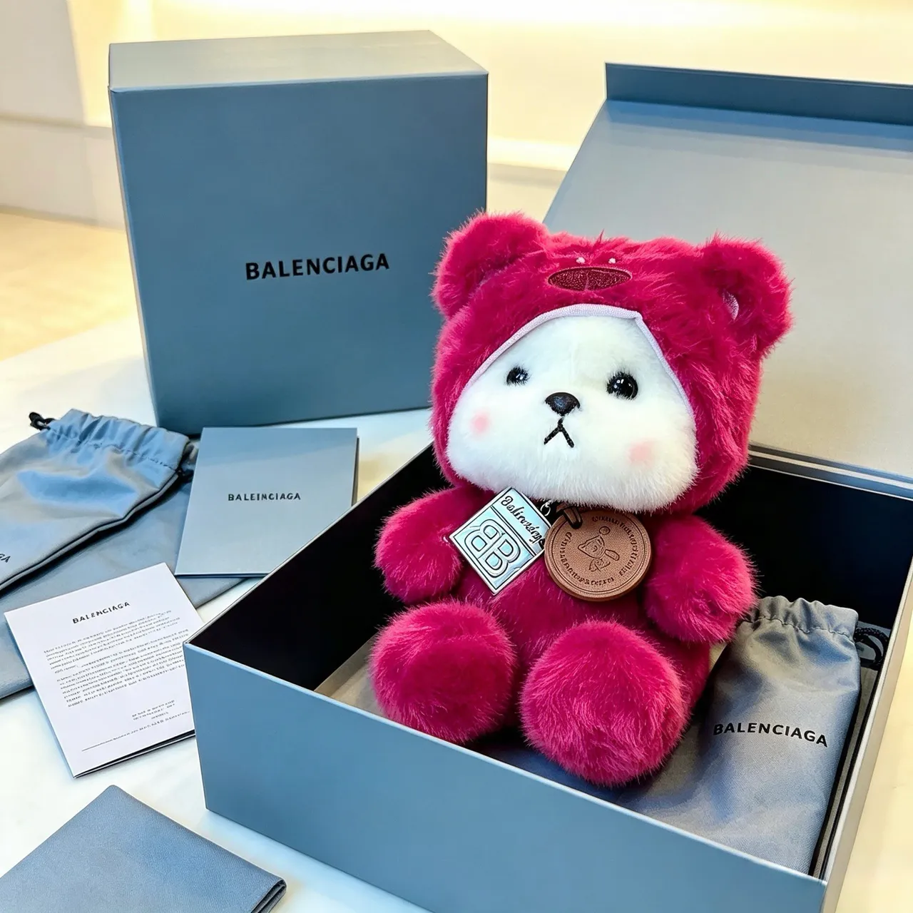 Balenciaga Teddy Bear Pink White Plush Hooded Costume Handbag