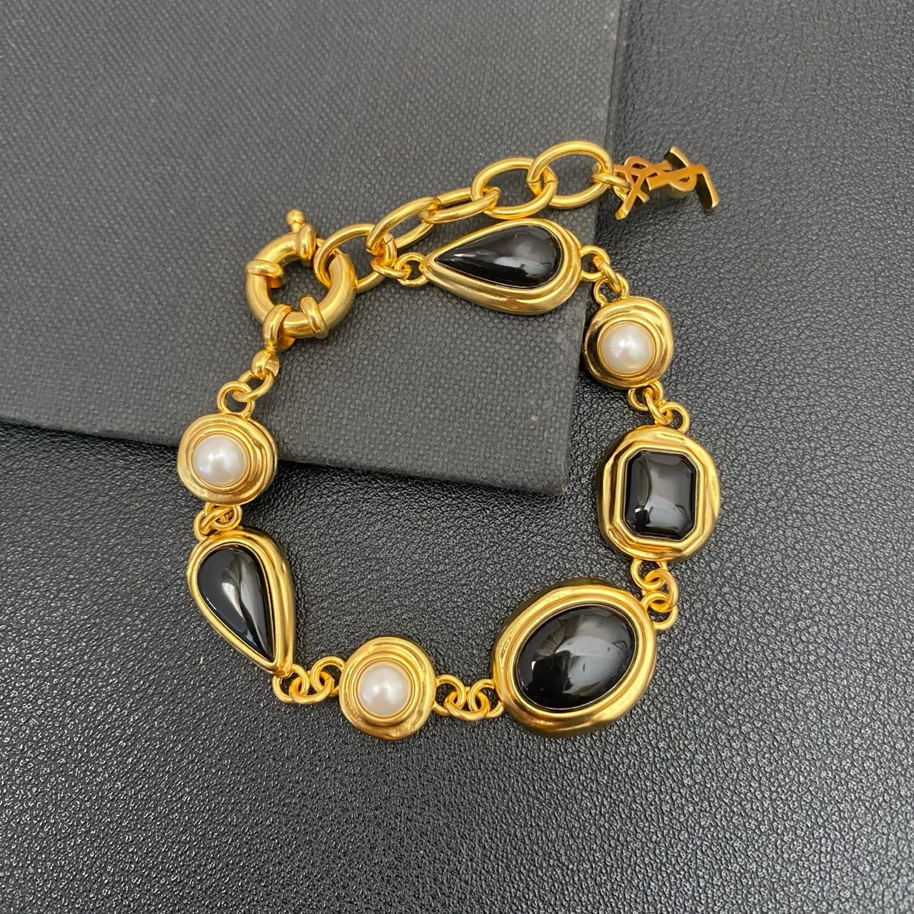 Saint Laurent Gold-Tone Black Stone and Pearl Link Bracelet