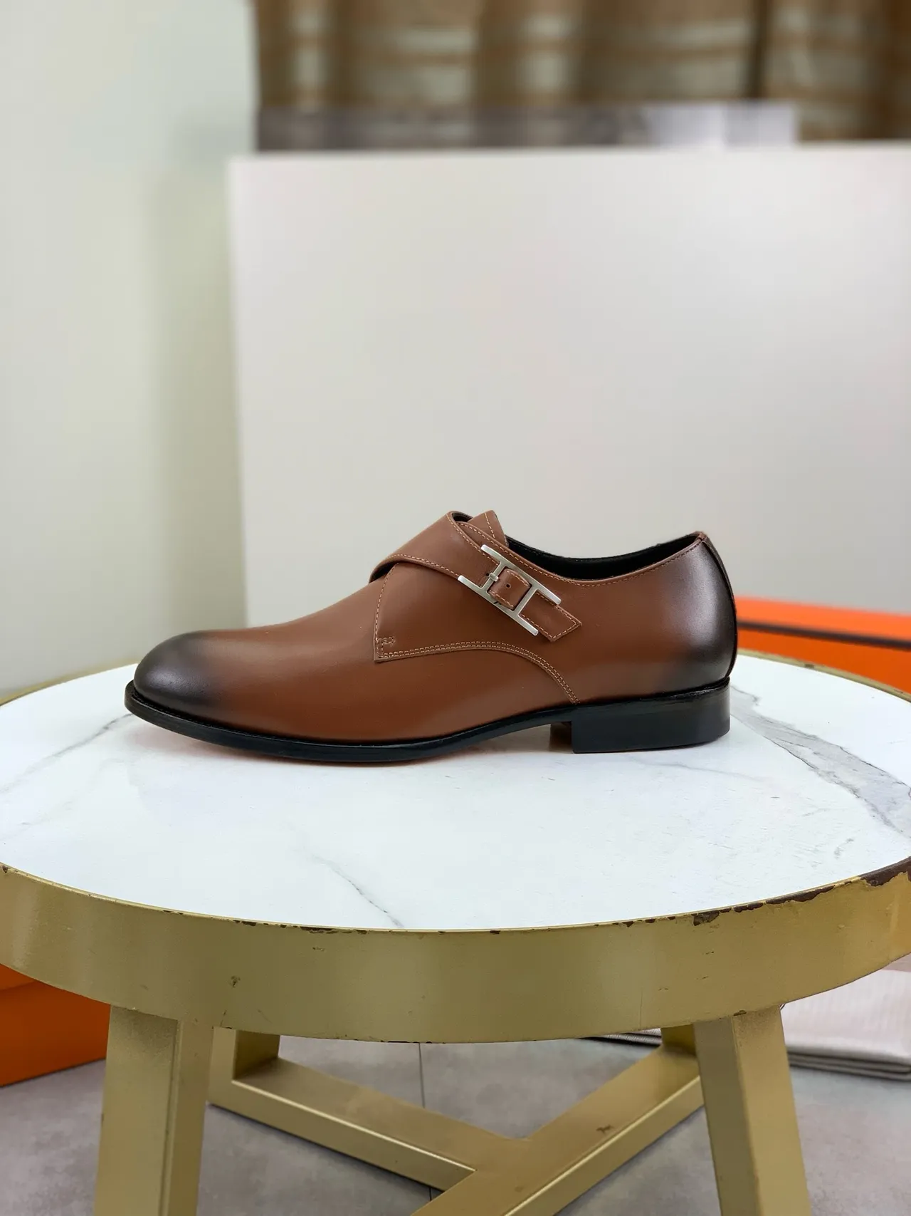 Hermès Brown Black Single-Strap Polished H-Buckle Monk Shoes
