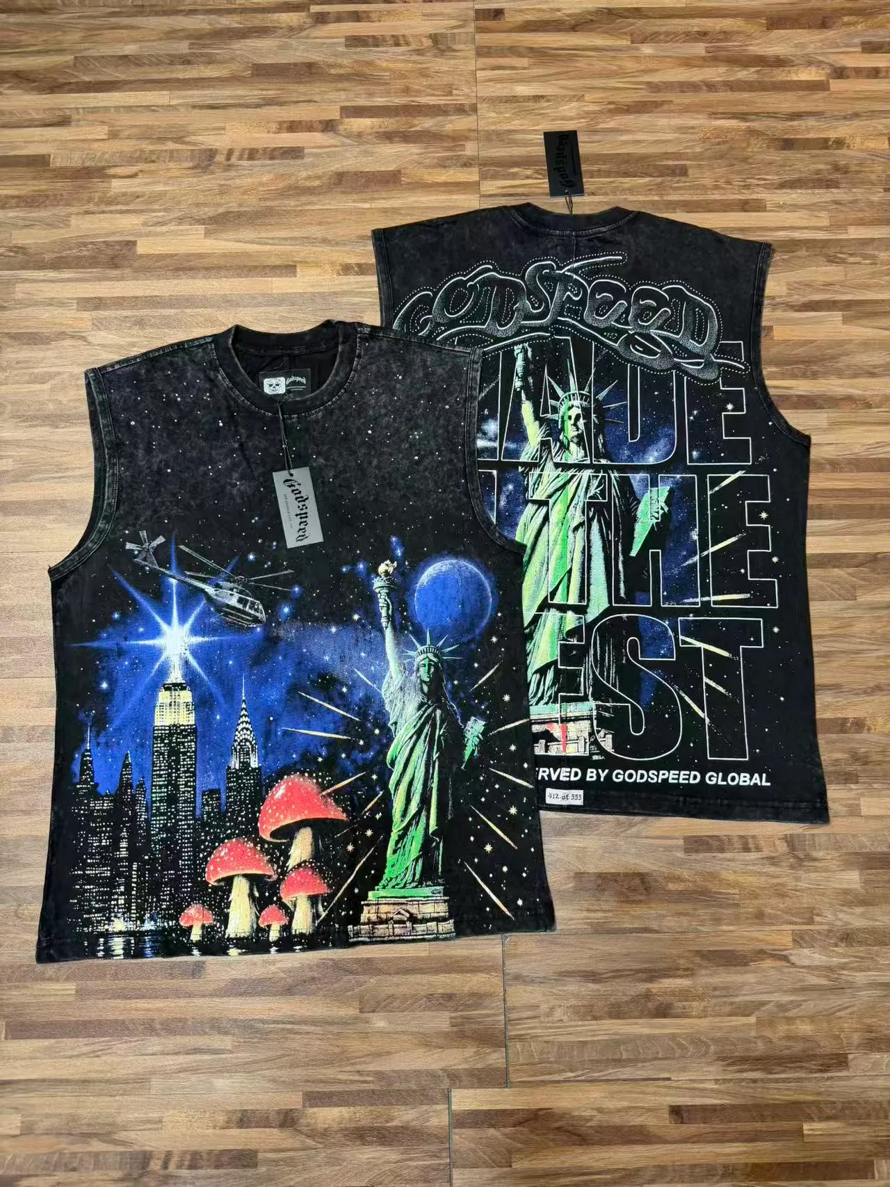 Godspeed Graphic-Print Acid-Wash Black Vest Top