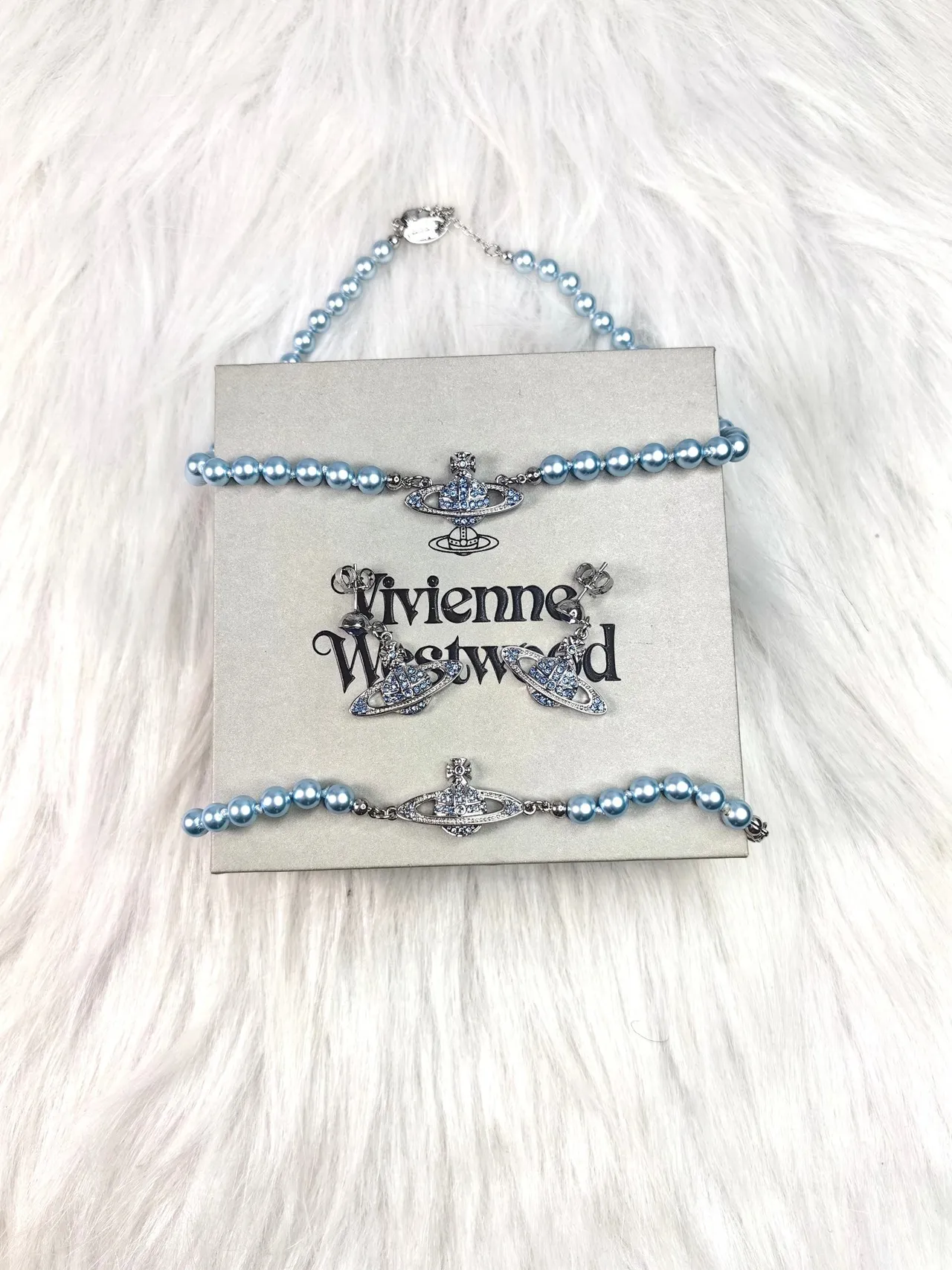 Vivienne Westwood Classic Orb Blue Silver Pearl-Beaded Crystal-Pavé Necklace