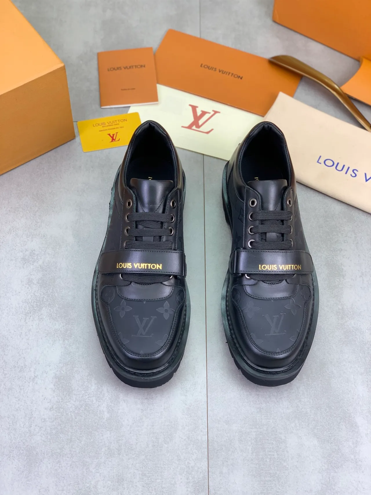 Louis Vuitton Run Away Black Gold Monogram Leather Dual-Lace And Strap Closure Casual Shoes