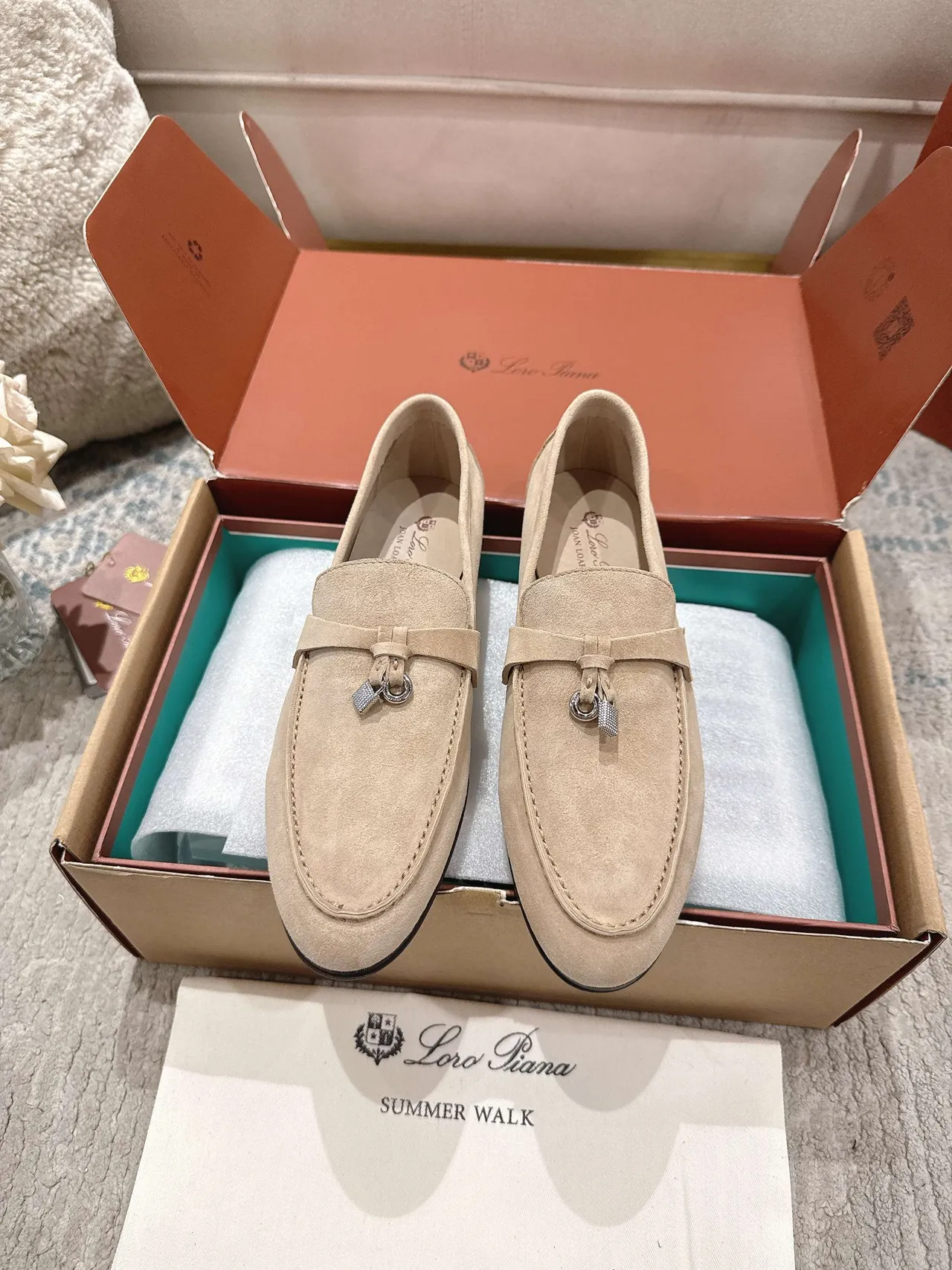 Loro Piana Summer Walk Beige Suede Tassel-Tie Loafers