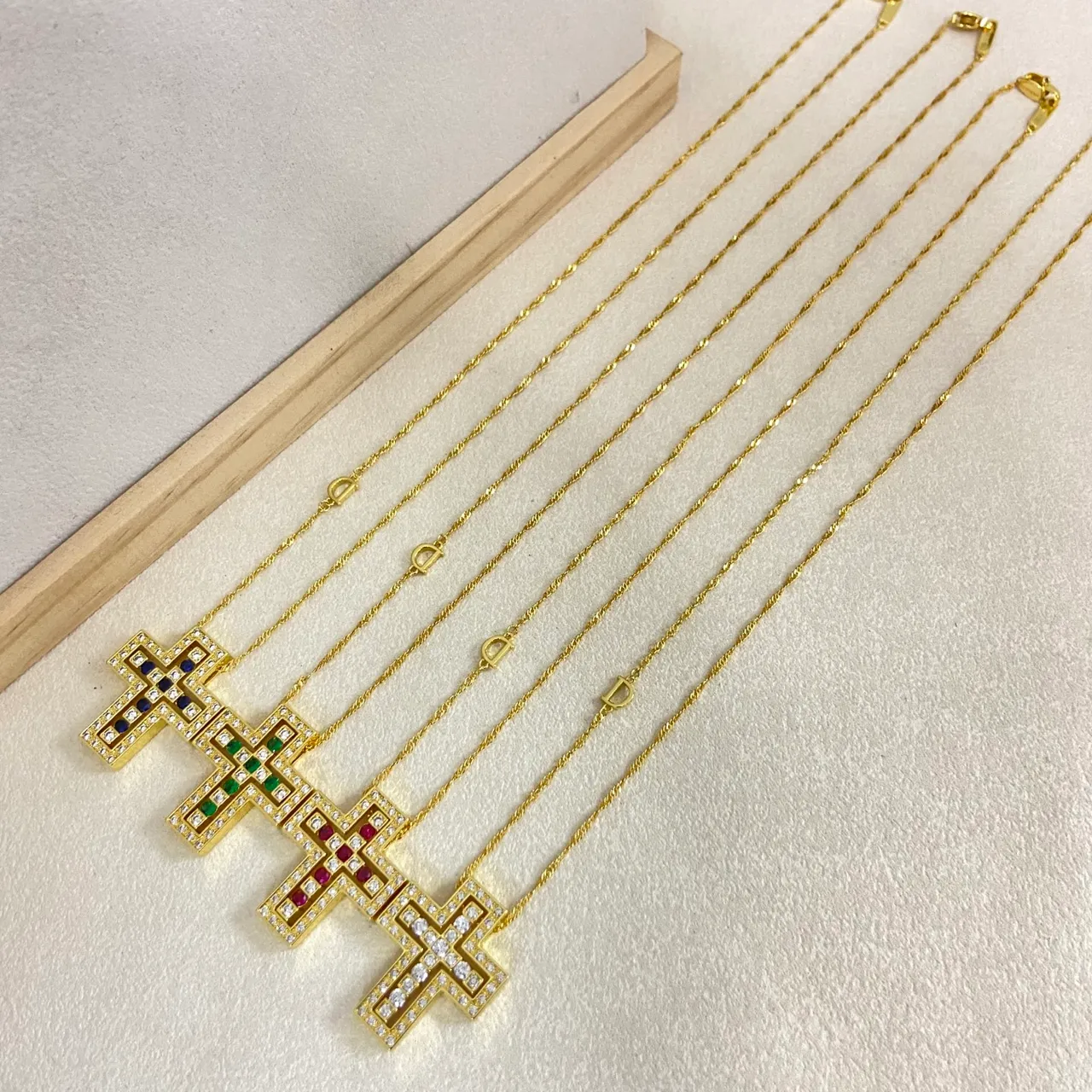 Gold Multicolor Geometric Cross Pendant Pavé-Set Stones Necklace