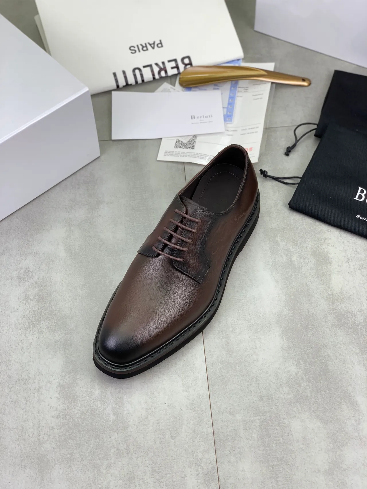 BERLUTI Brown Black Polished Leather Contrast Toe Cap And Sole Derby Shoes